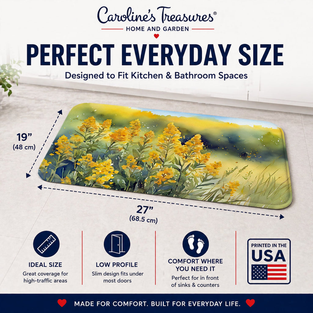 Nebraska Goldenrod in Watercolor Memory Foam Kitchen Mat Machine Washable Anti-Fatigue Cushion Comfort Bath or Kitchen Rug
