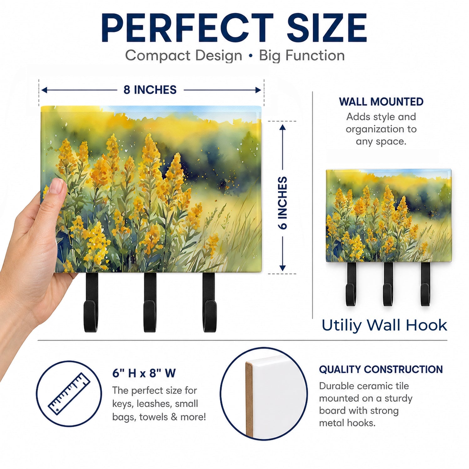 Nebraska Goldenrod in Watercolor Leash or Key Holder Wall Hooks, Coat Rack Wall Mount, for Hanging Keys, Towels, Aprons, Leashes