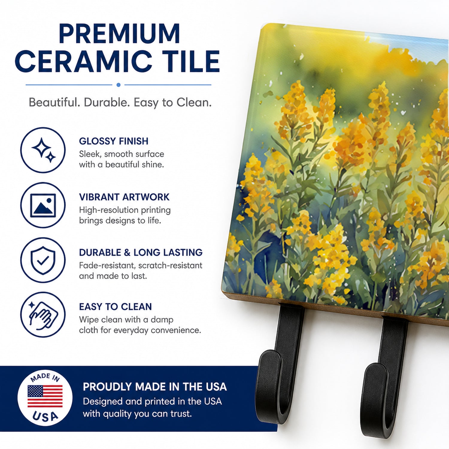 Nebraska Goldenrod in Watercolor Leash or Key Holder Wall Hooks, Coat Rack Wall Mount, for Hanging Keys, Towels, Aprons, Leashes