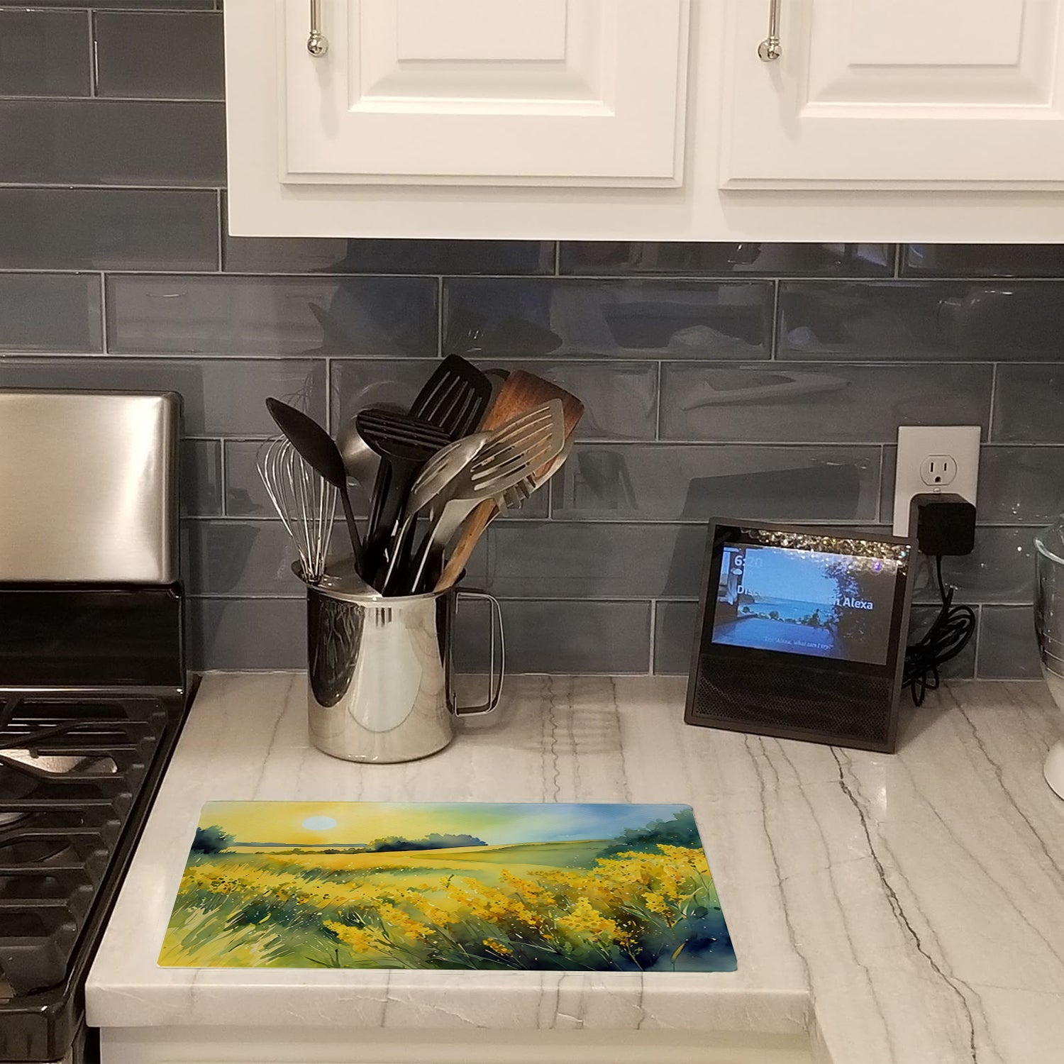 Nebraska Goldenrod in Watercolor Cutting Board Tempered Glass Kitchen Cutting Surface, Heat Resistant Chopping, Non-Slip Feet, Food Prep & Serving