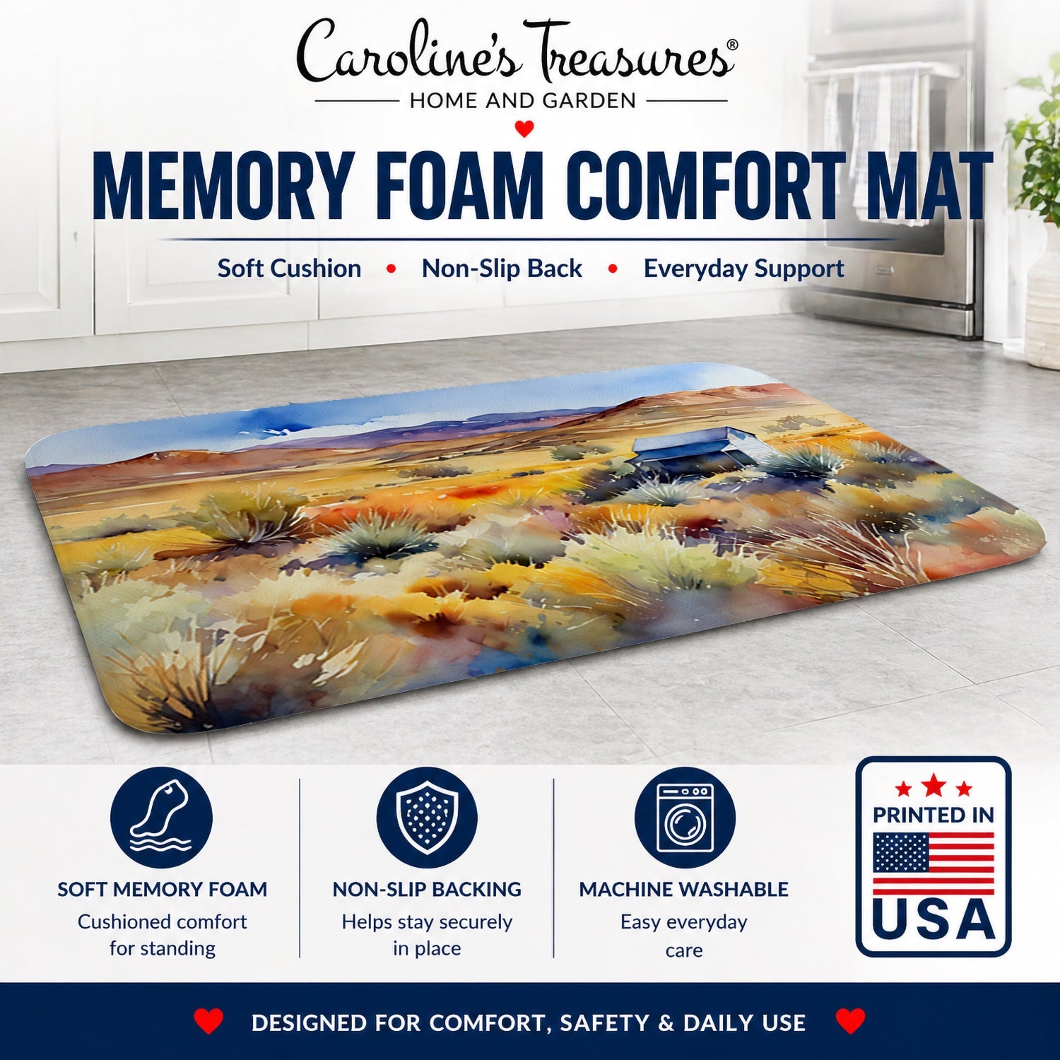 Nevada Sagebrush in Watercolor Memory Foam Kitchen Mat Machine Washable Anti-Fatigue Cushion Comfort Bath or Kitchen Rug