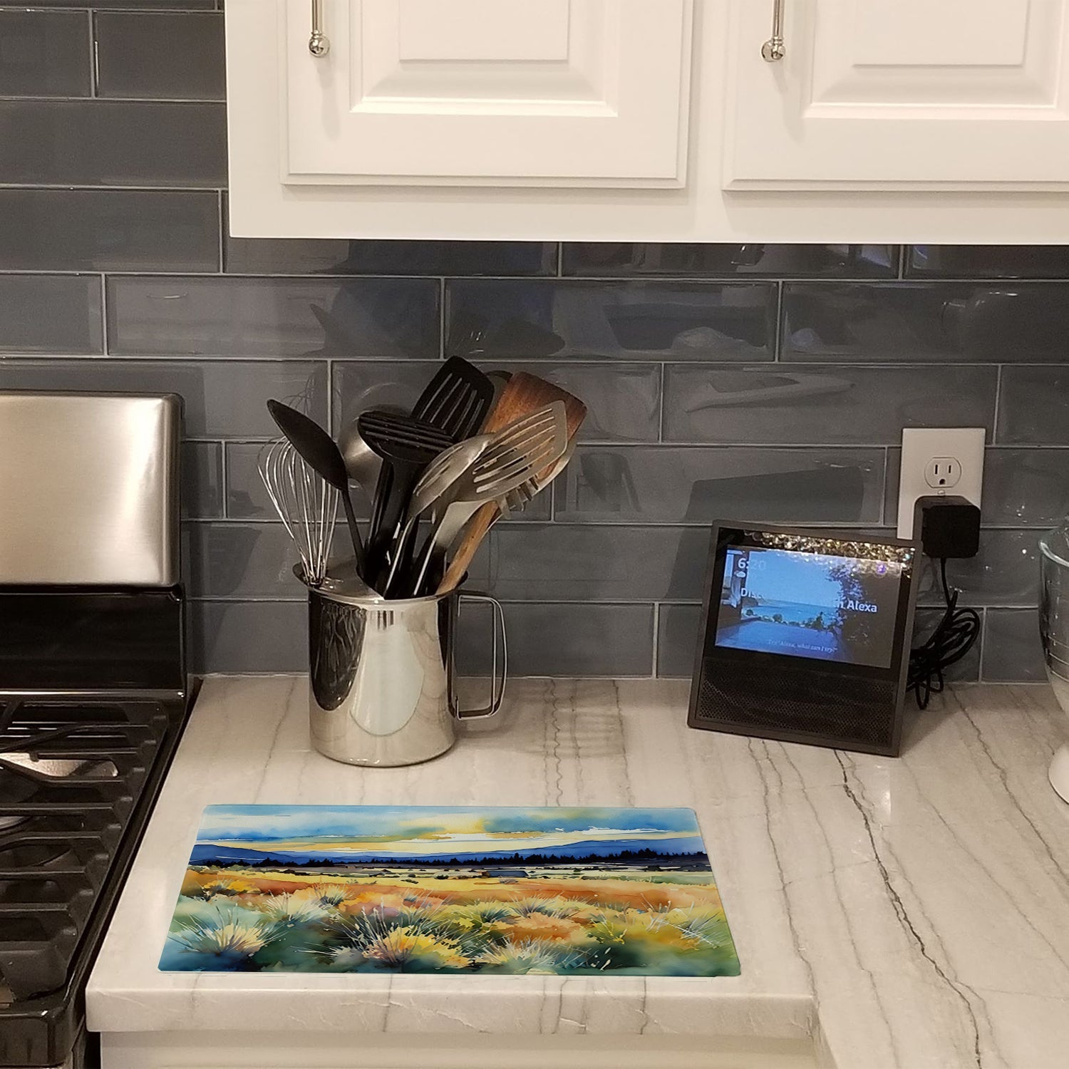 Nevada Sagebrush in Watercolor Cutting Board Tempered Glass Kitchen Cutting Surface, Heat Resistant Chopping, Non-Slip Feet, Food Prep & Serving