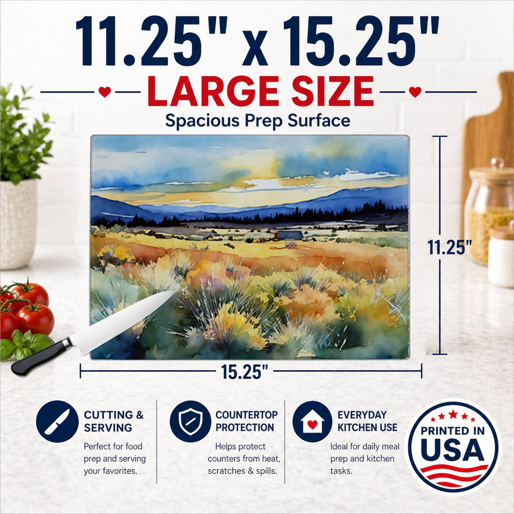 Nevada Sagebrush in Watercolor Cutting Board Tempered Glass Kitchen Cutting Surface, Heat Resistant Chopping, Non-Slip Feet, Food Prep & Serving