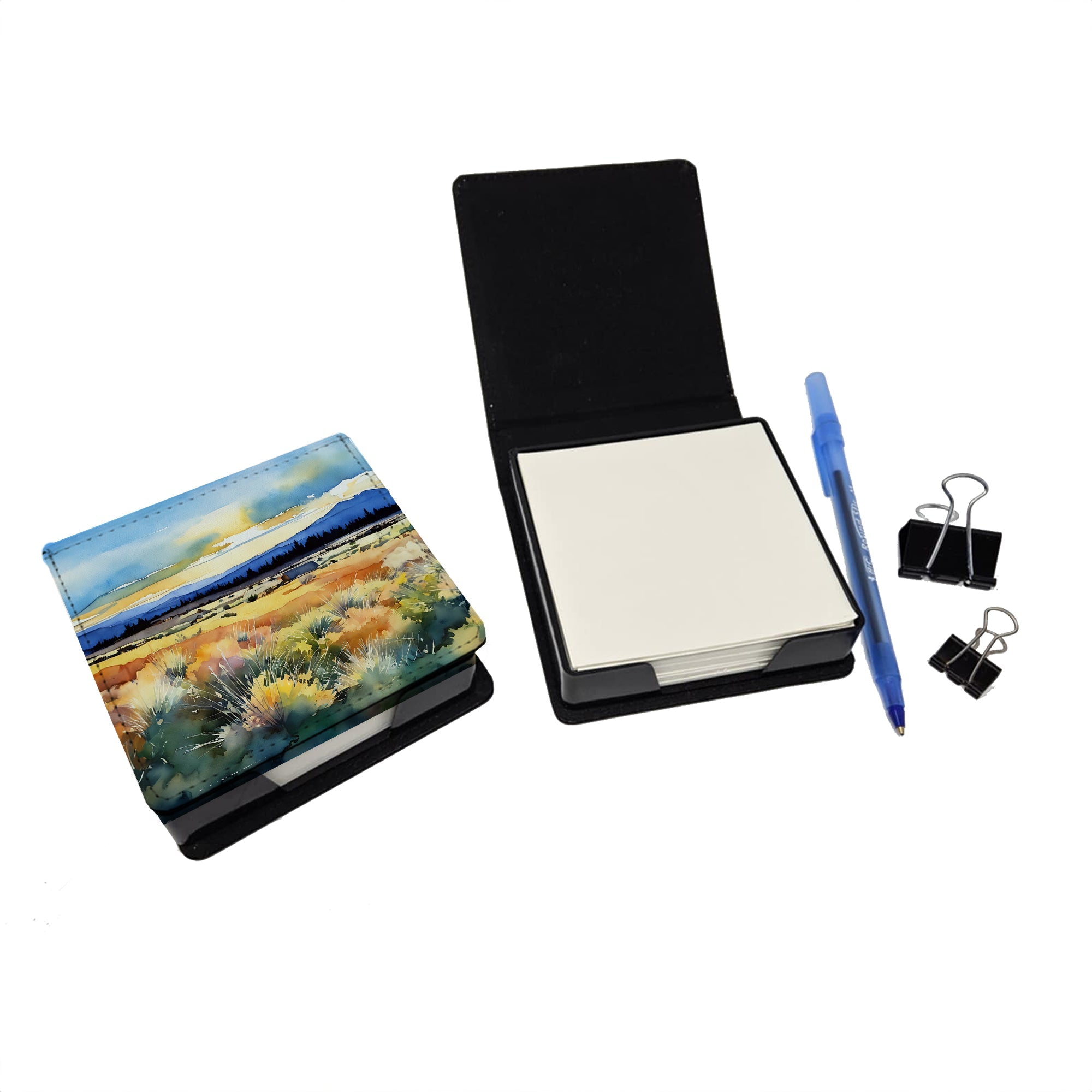 Nevada Sagebrush in Watercolor PU Leather Note Paper Holder with Artist-Designed Cover, Desk Accessory, Office Gift
