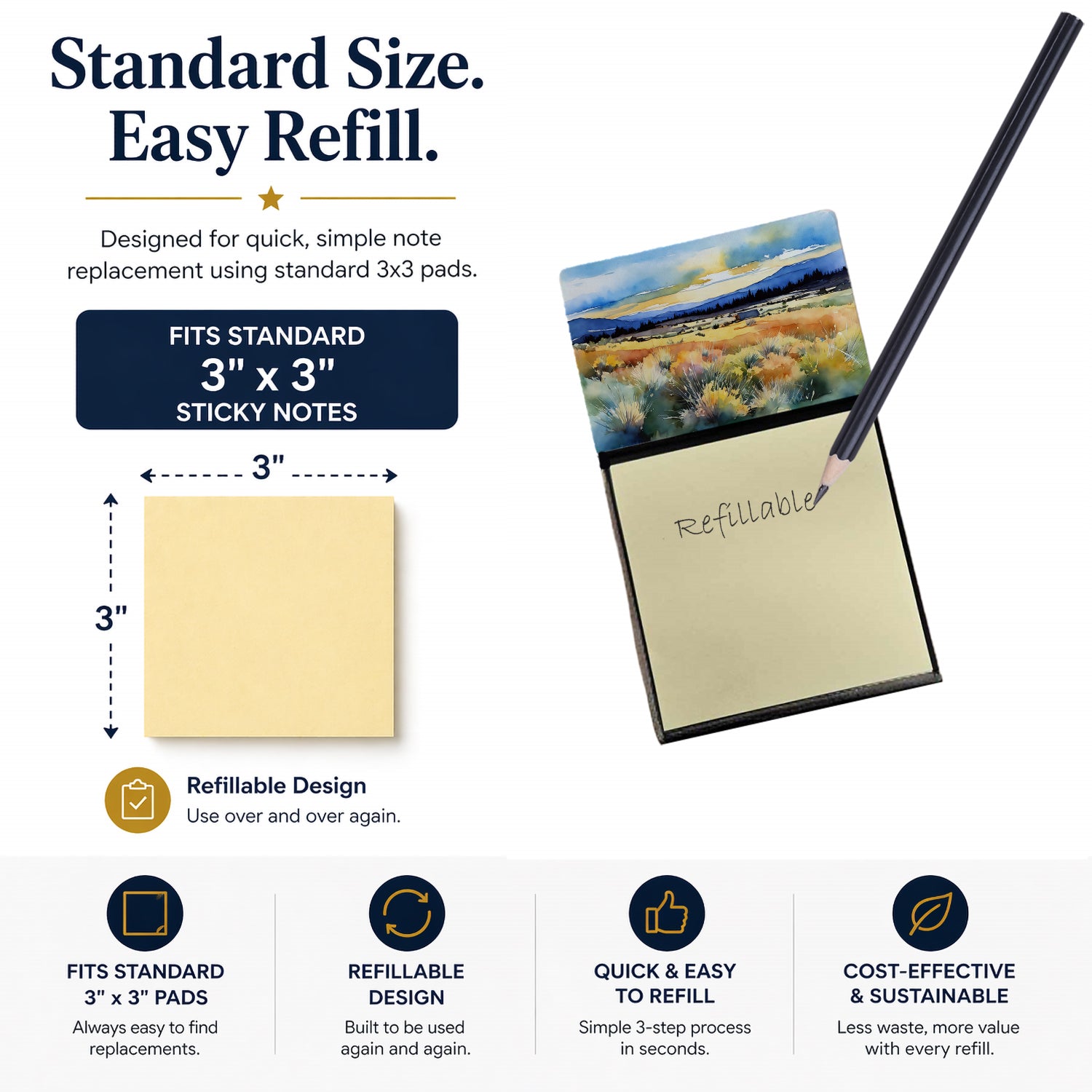 Nevada Sagebrush in Watercolor Watercolor Sticky Note Holder Refillable Dispenser Desk Accessory 3x3 Pad Gift