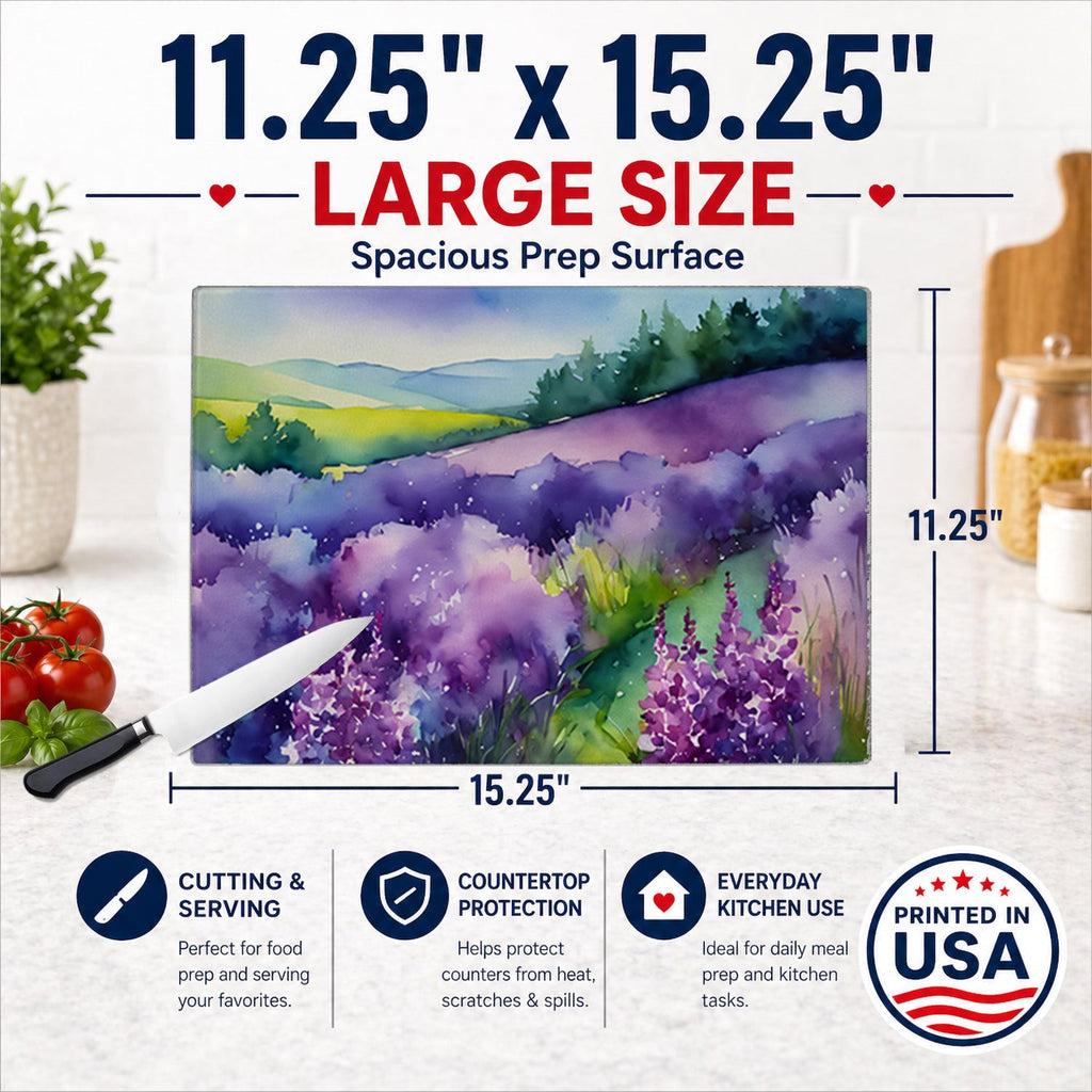 New Hampshire Purple Lilac in Watercolor Cutting Board Tempered Glass Kitchen Cutting Surface, Heat Resistant Chopping, Non-Slip Feet, Food Prep & Serving