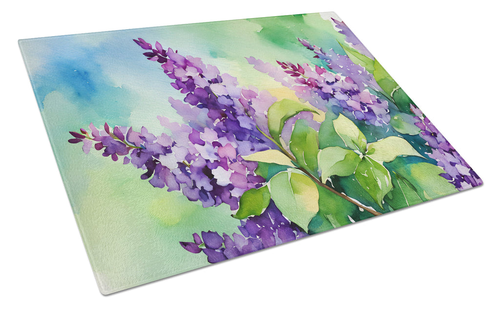 New Hampshire Purple Lilac in Watercolor Cutting Board Tempered Glass Kitchen Cutting Surface, Heat Resistant Chopping, Non-Slip Feet, Food Prep & Serving