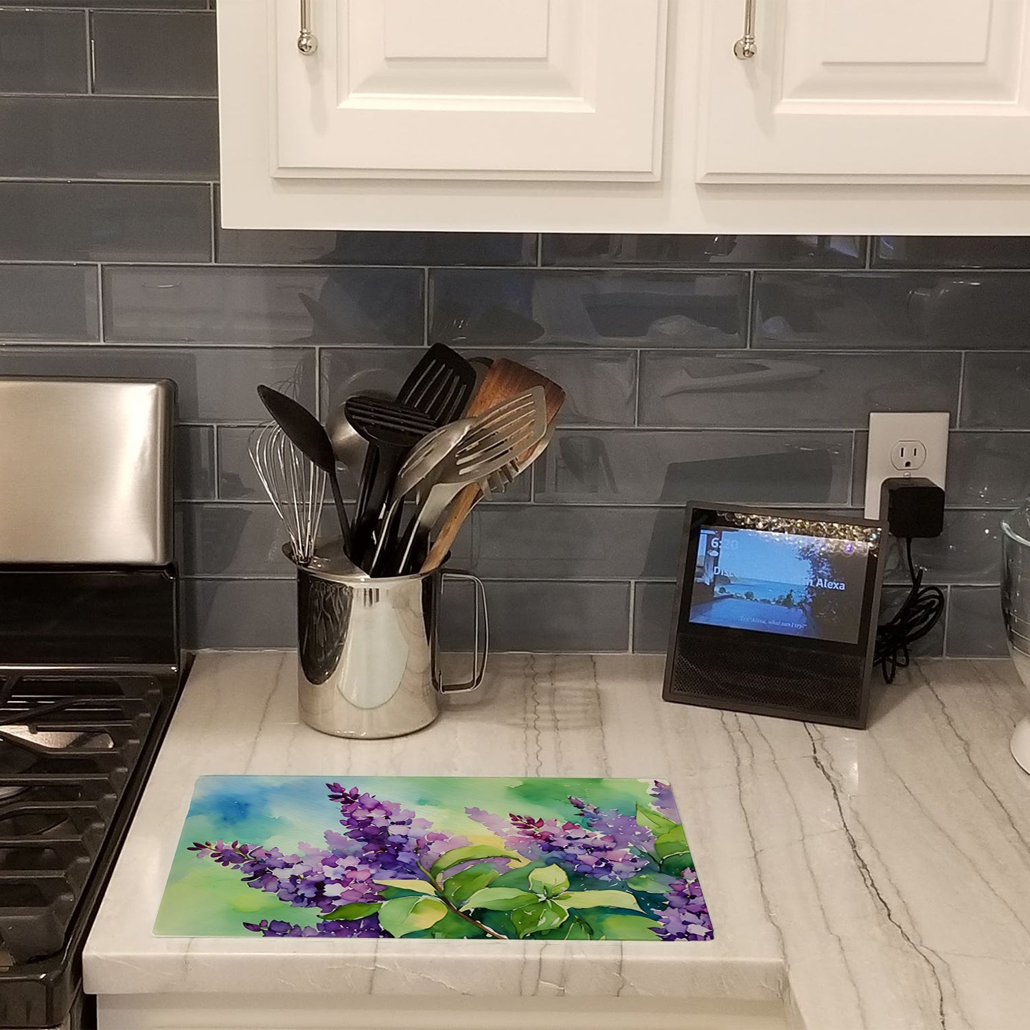 New Hampshire Purple Lilac in Watercolor Cutting Board Tempered Glass Kitchen Cutting Surface, Heat Resistant Chopping, Non-Slip Feet, Food Prep & Serving