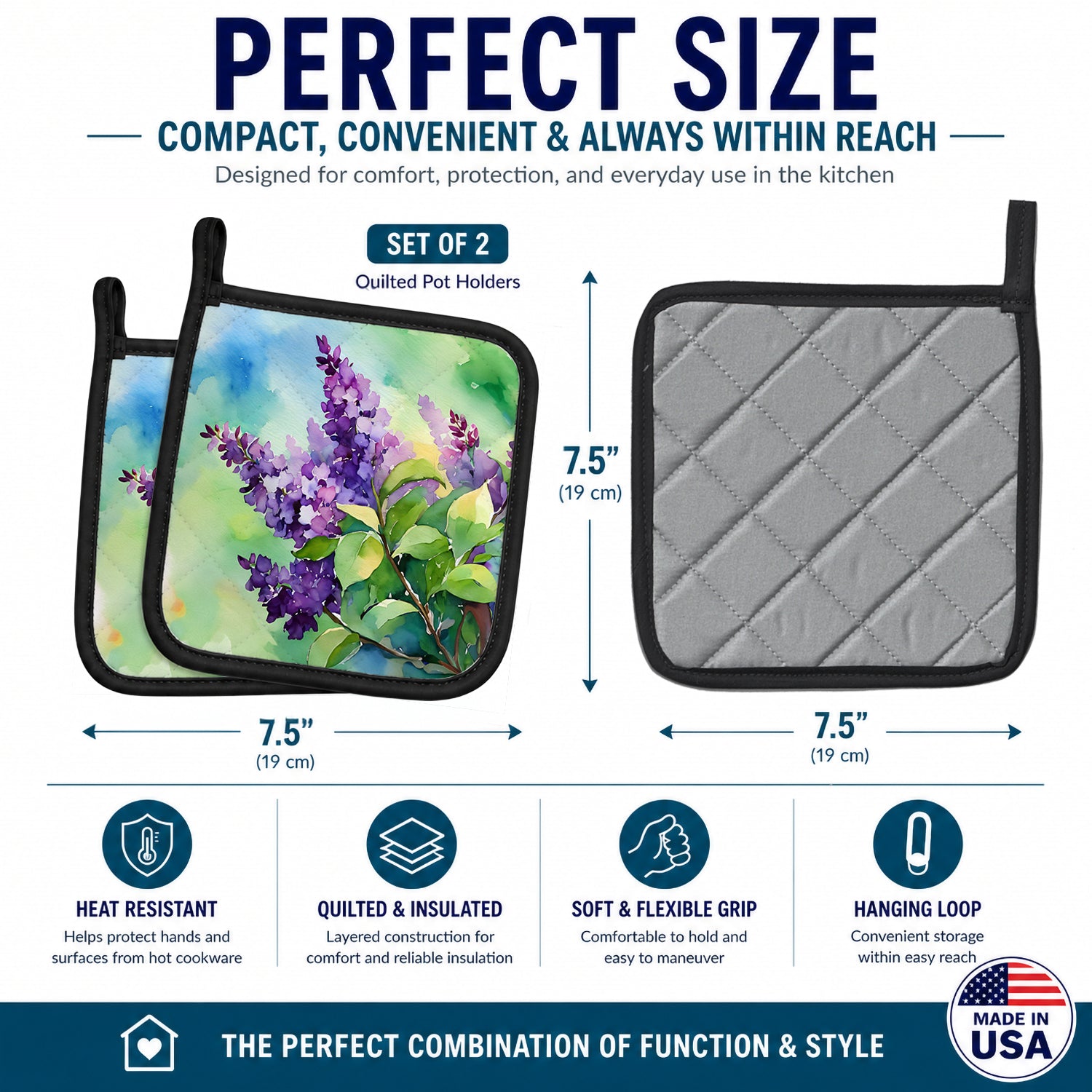 New Hampshire Purple Lilac in Watercolor Pot Holder Set of 2 Heat Resistant Quilted Hot Pads 7.5 x 7.5 Inch, Insulated Kitchen Trivets for Cooking & Baking