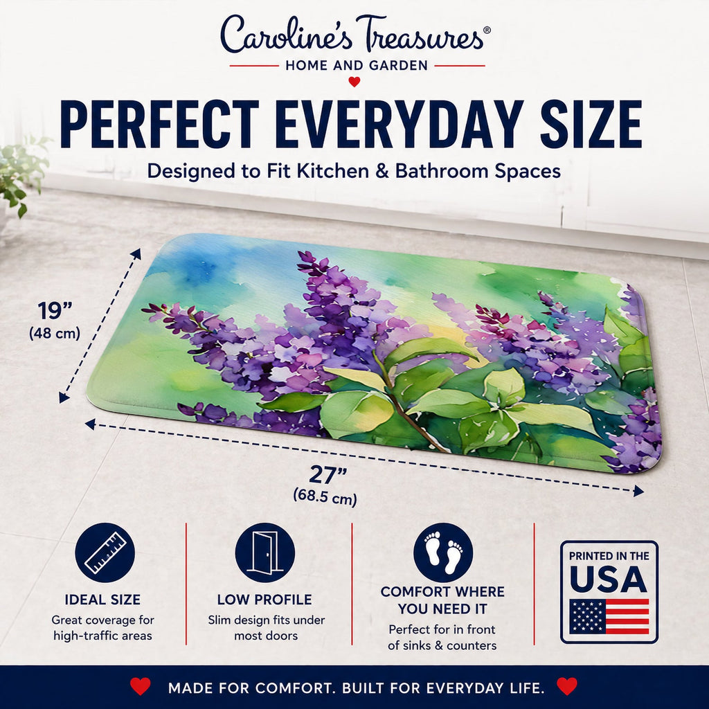 New Hampshire Purple Lilac in Watercolor Memory Foam Kitchen Mat Machine Washable Anti-Fatigue Cushion Comfort Bath or Kitchen Rug