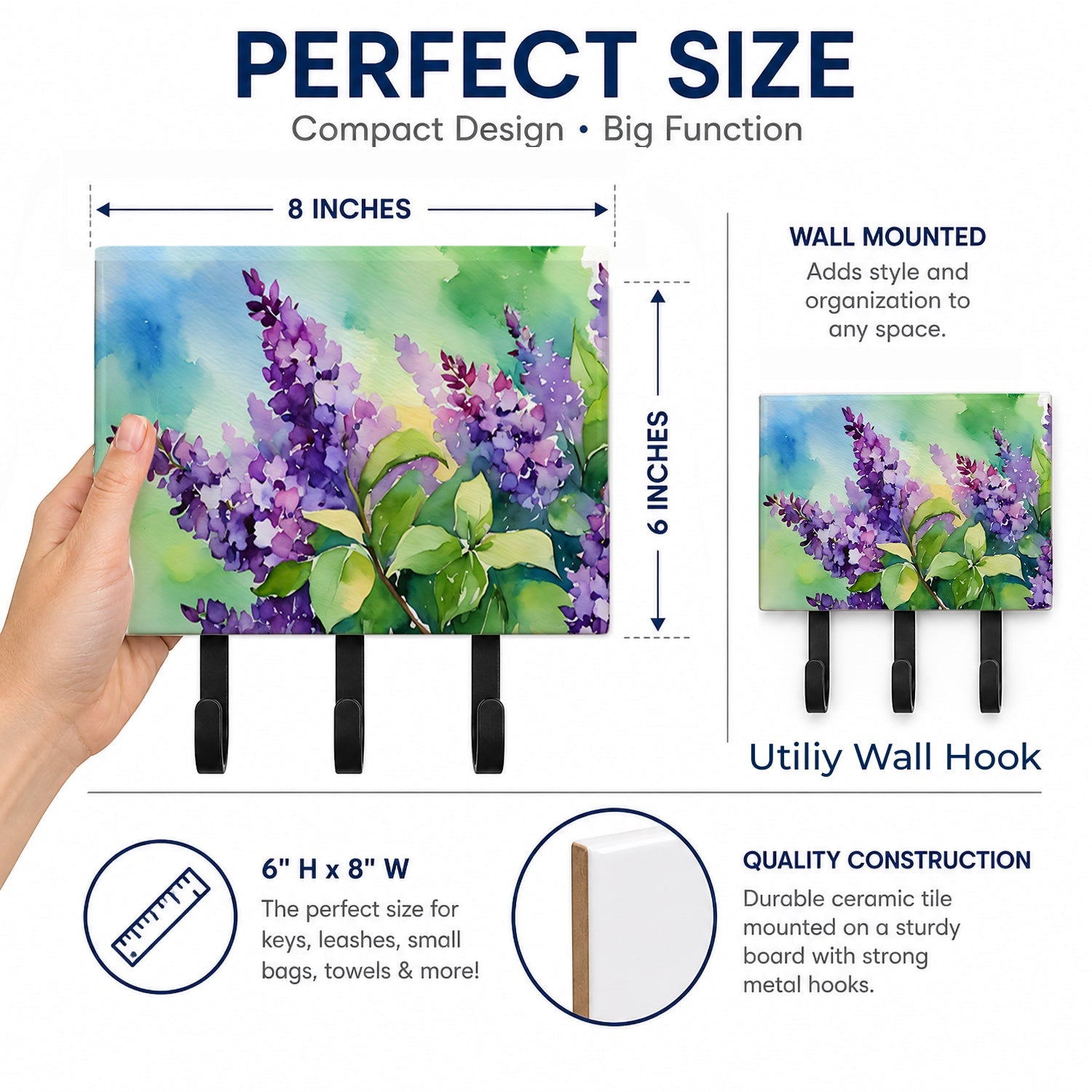 New Hampshire Purple Lilac in Watercolor Leash or Key Holder Wall Hooks, Coat Rack Wall Mount, for Hanging Keys, Towels, Aprons, Leashes