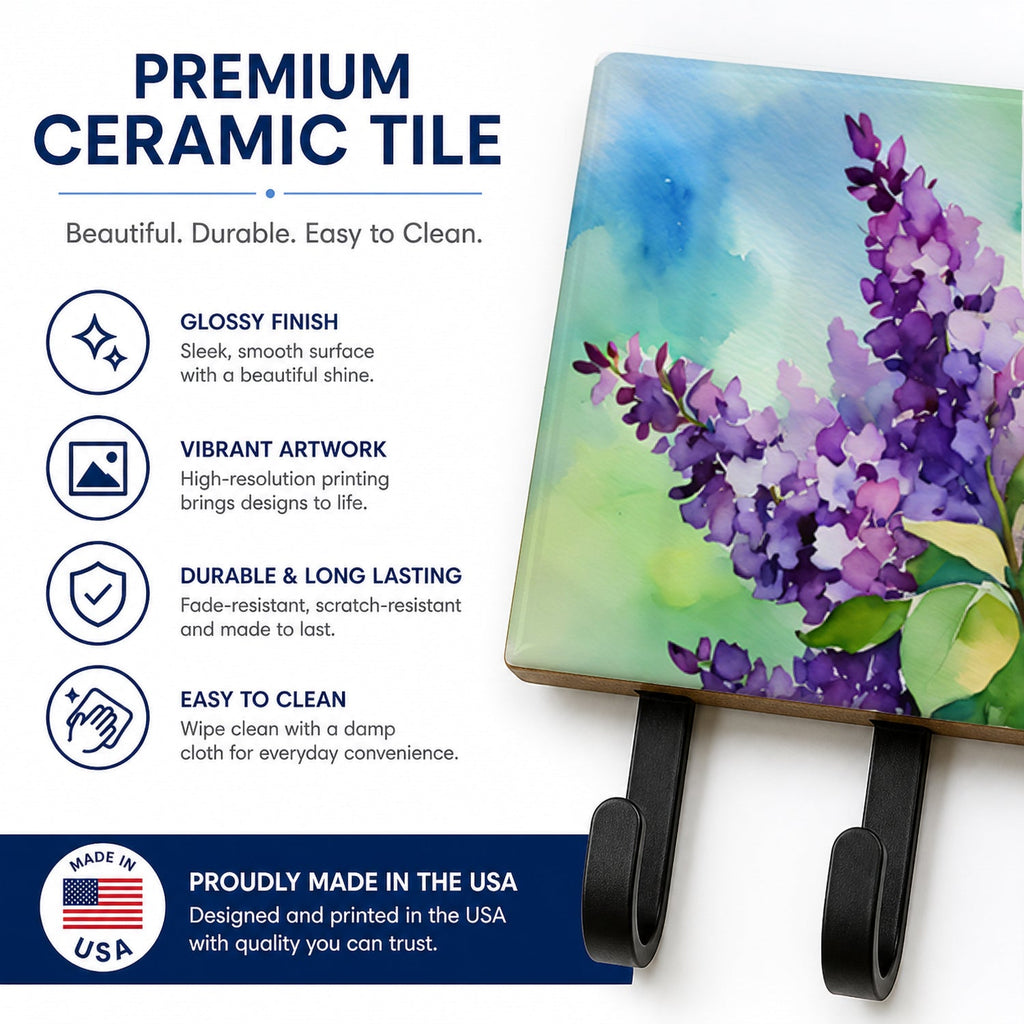 New Hampshire Purple Lilac in Watercolor Leash or Key Holder Wall Hooks, Coat Rack Wall Mount, for Hanging Keys, Towels, Aprons, Leashes