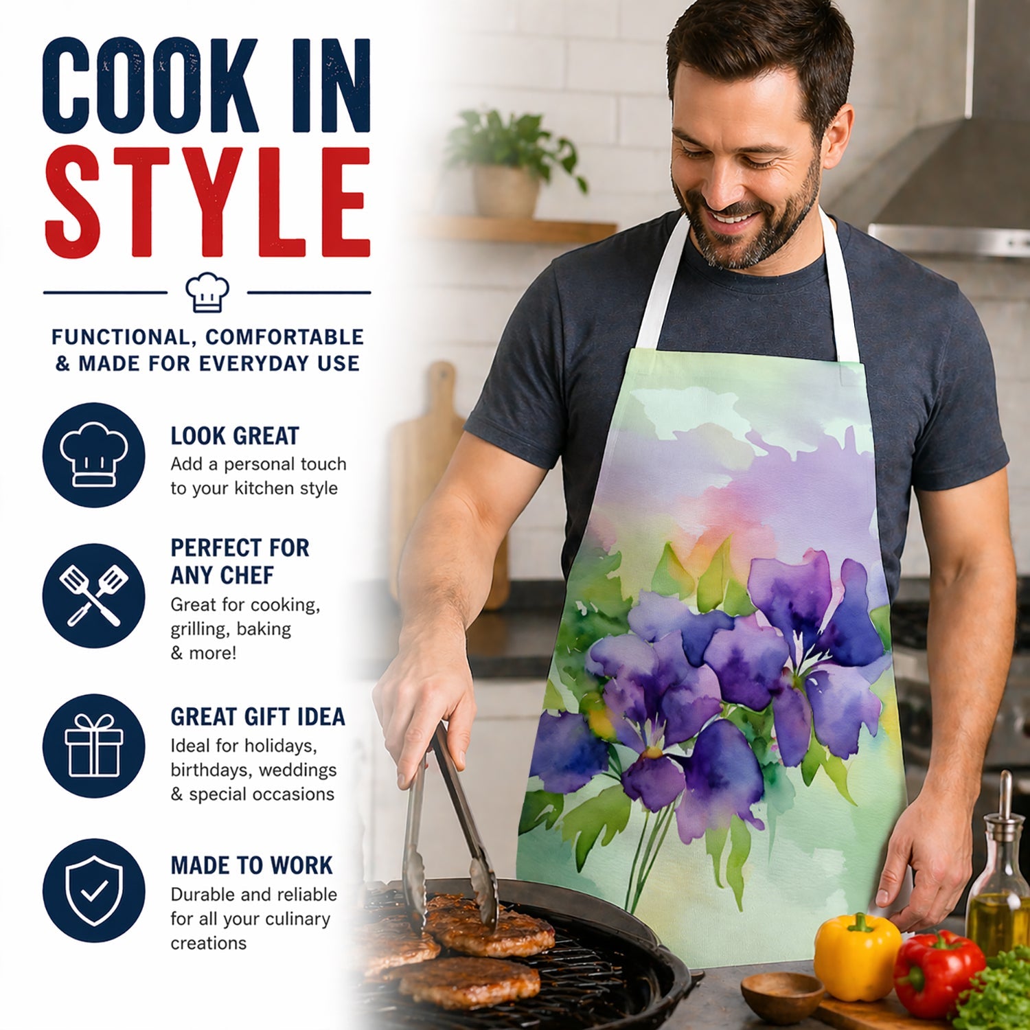 New Jersey Violet in Watercolor Apron Cooking Kitchen Server Baking Crafts Gardening for Adult Women Men, Unisex, Large, Multicolor