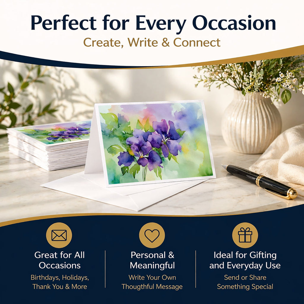New Jersey Violet in Watercolor Greeting Cards Pack of 8 Blank Cards with Envelopes Whimsical A7 Size 5x7