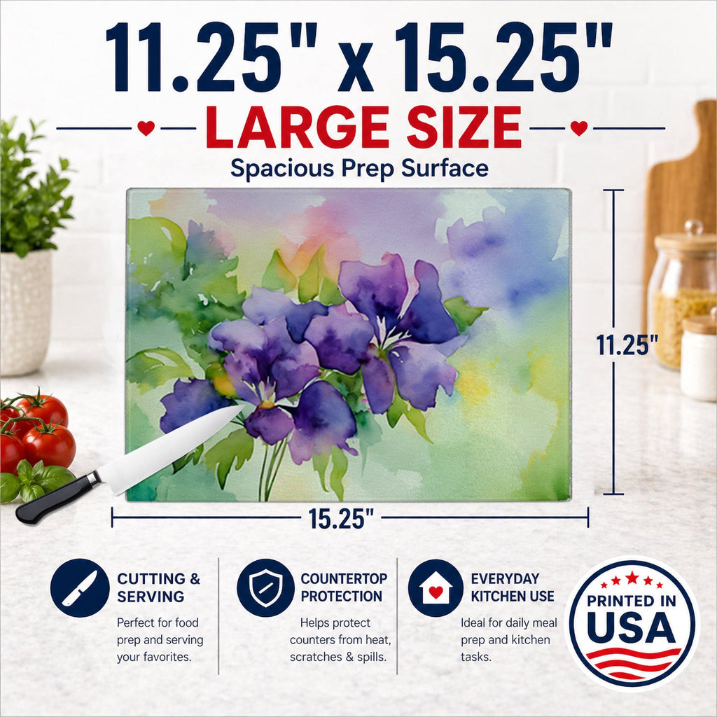 New Jersey Violet in Watercolor Cutting Board Tempered Glass Kitchen Cutting Surface, Heat Resistant Chopping, Non-Slip Feet, Food Prep & Serving