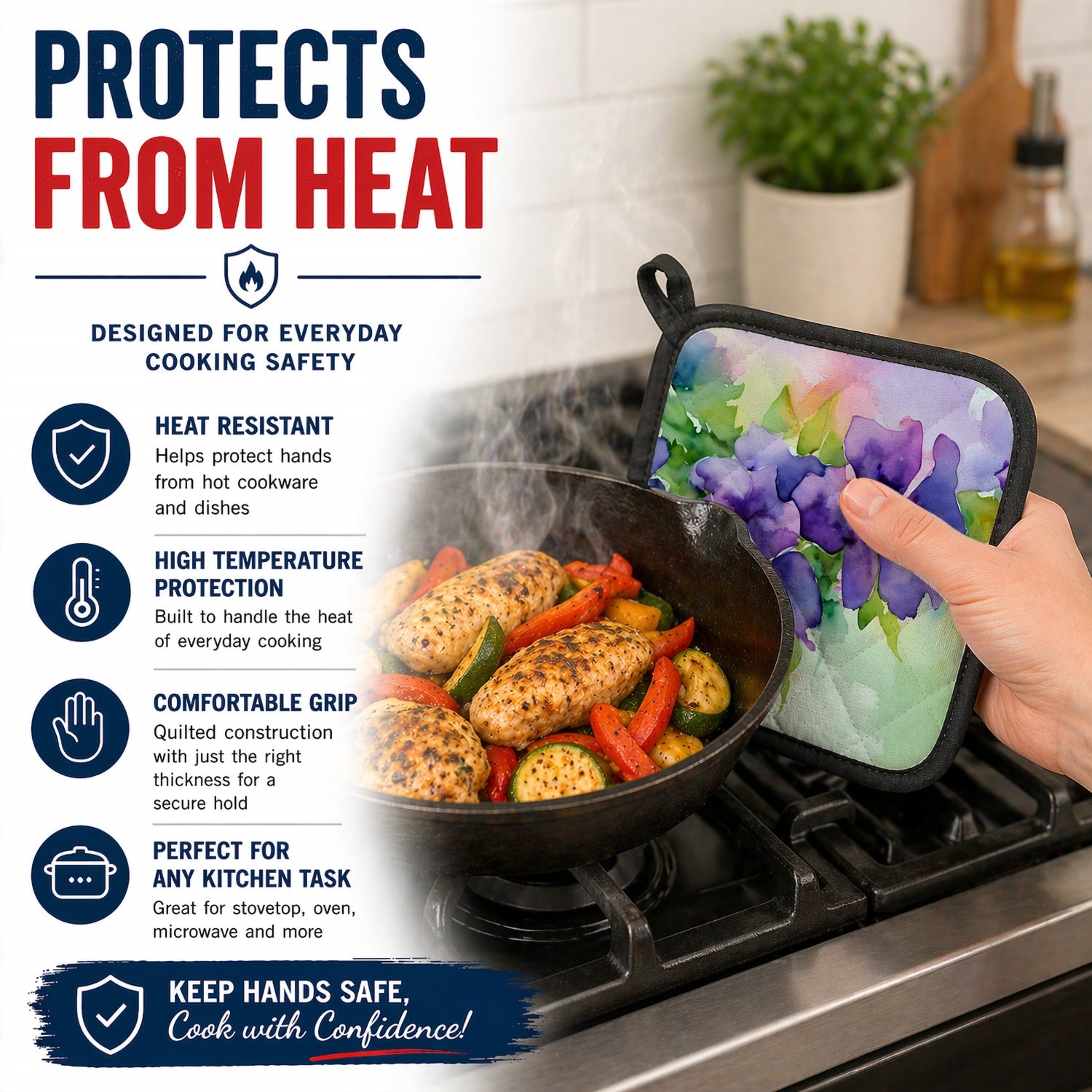 New Jersey Violet in Watercolor Pot Holder Set of 2 Heat Resistant Quilted Hot Pads 7.5 x 7.5 Inch, Insulated Kitchen Trivets for Cooking & Baking