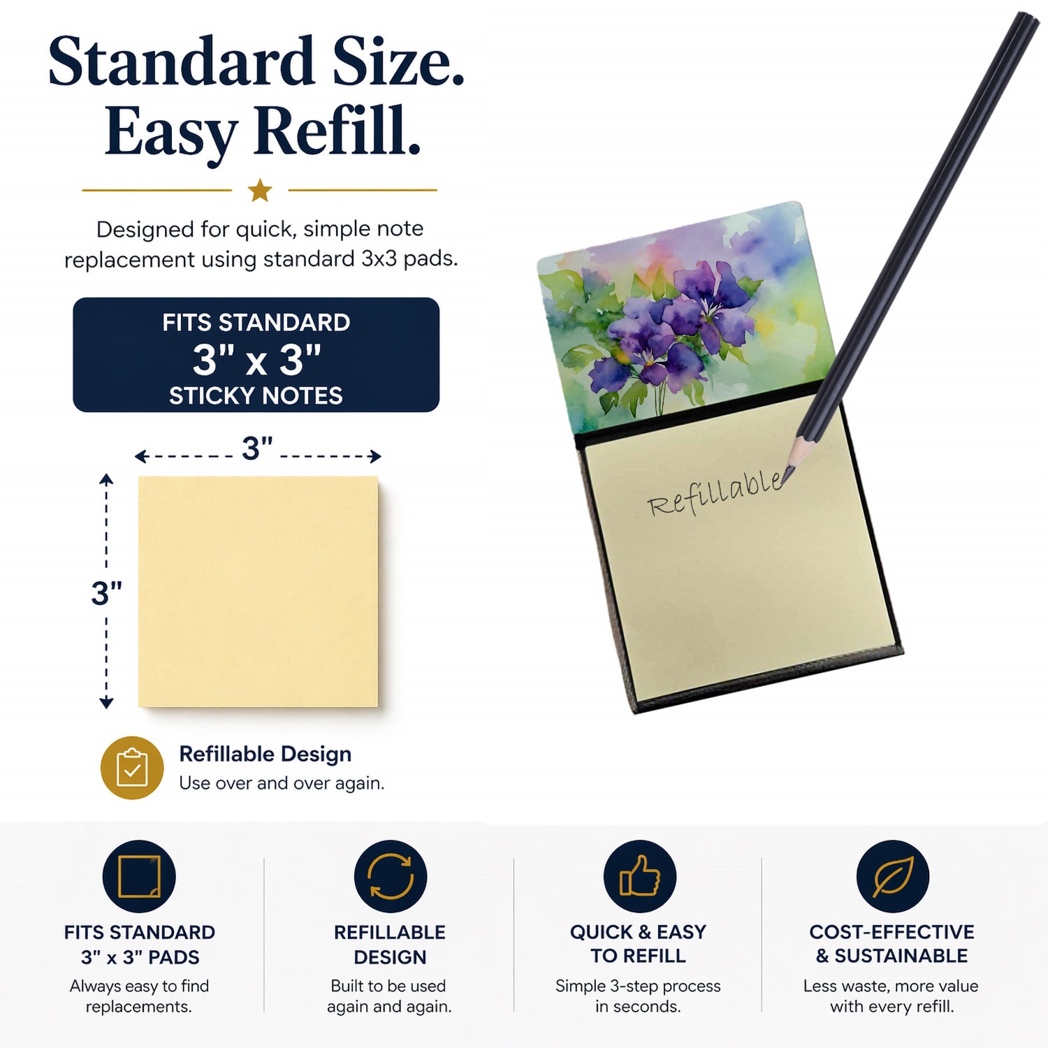New Jersey Violet in Watercolor Watercolor Sticky Note Holder Refillable Dispenser Desk Accessory 3x3 Pad Gift