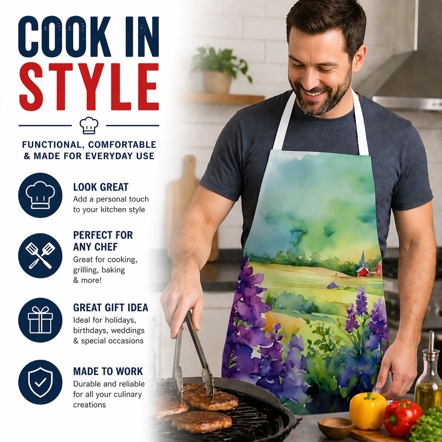 New Jersey Violet in Watercolor Apron Cooking Kitchen Server Baking Crafts Gardening for Adult Women Men, Unisex, Large, Multicolor