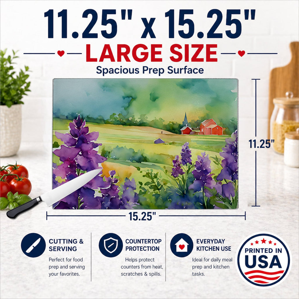 New Jersey Violet in Watercolor Cutting Board Tempered Glass Kitchen Cutting Surface, Heat Resistant Chopping, Non-Slip Feet, Food Prep & Serving