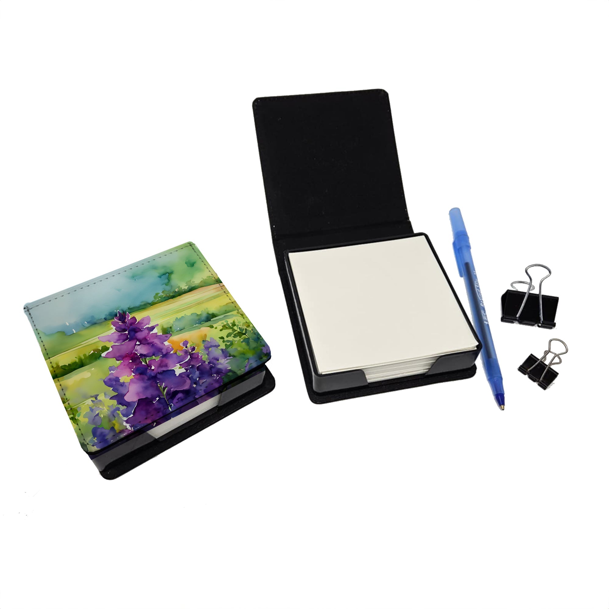 New Jersey Violet in Watercolor PU Leather Note Paper Holder with Artist-Designed Cover, Desk Accessory, Office Gift