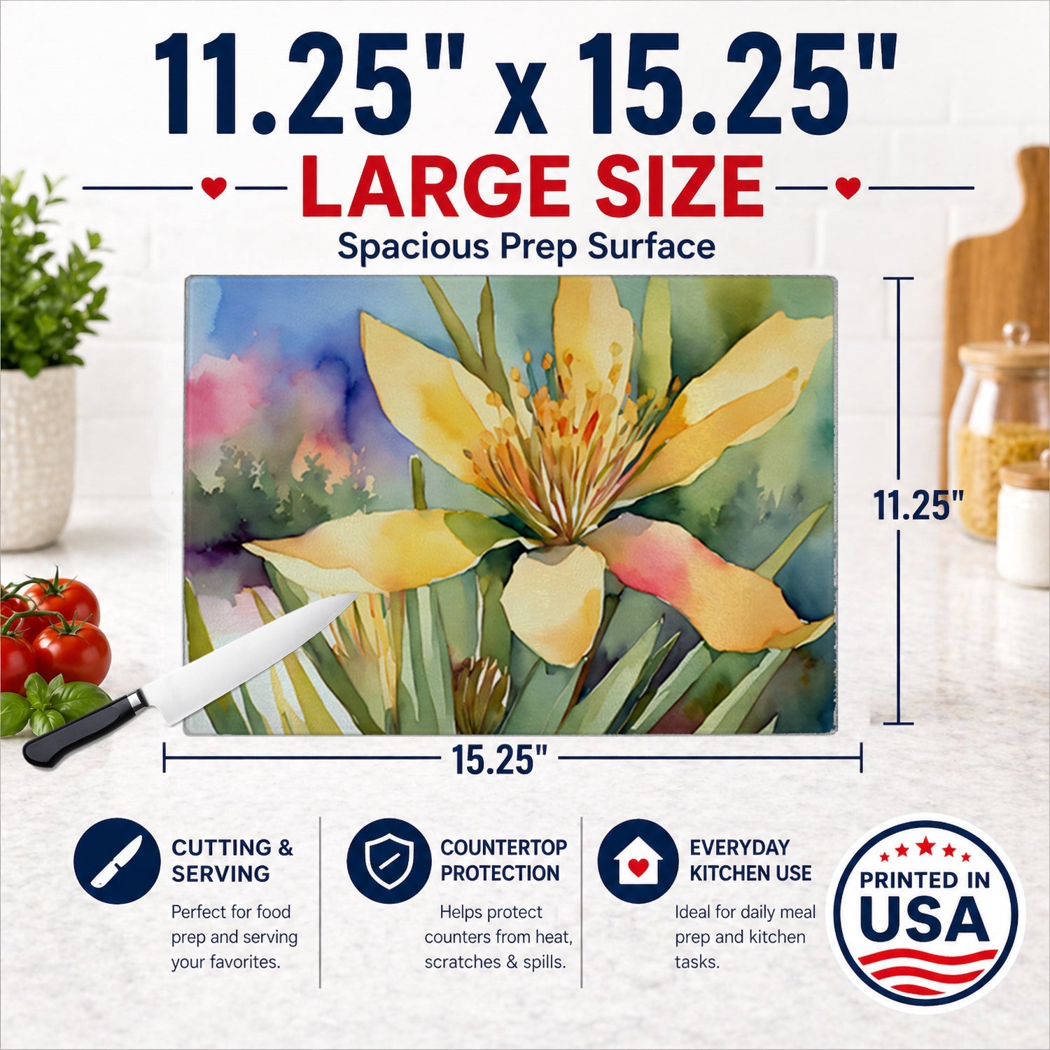 New Mexico Yucca Flower in Watercolor Cutting Board Tempered Glass Kitchen Cutting Surface, Heat Resistant Chopping, Non-Slip Feet, Food Prep & Serving