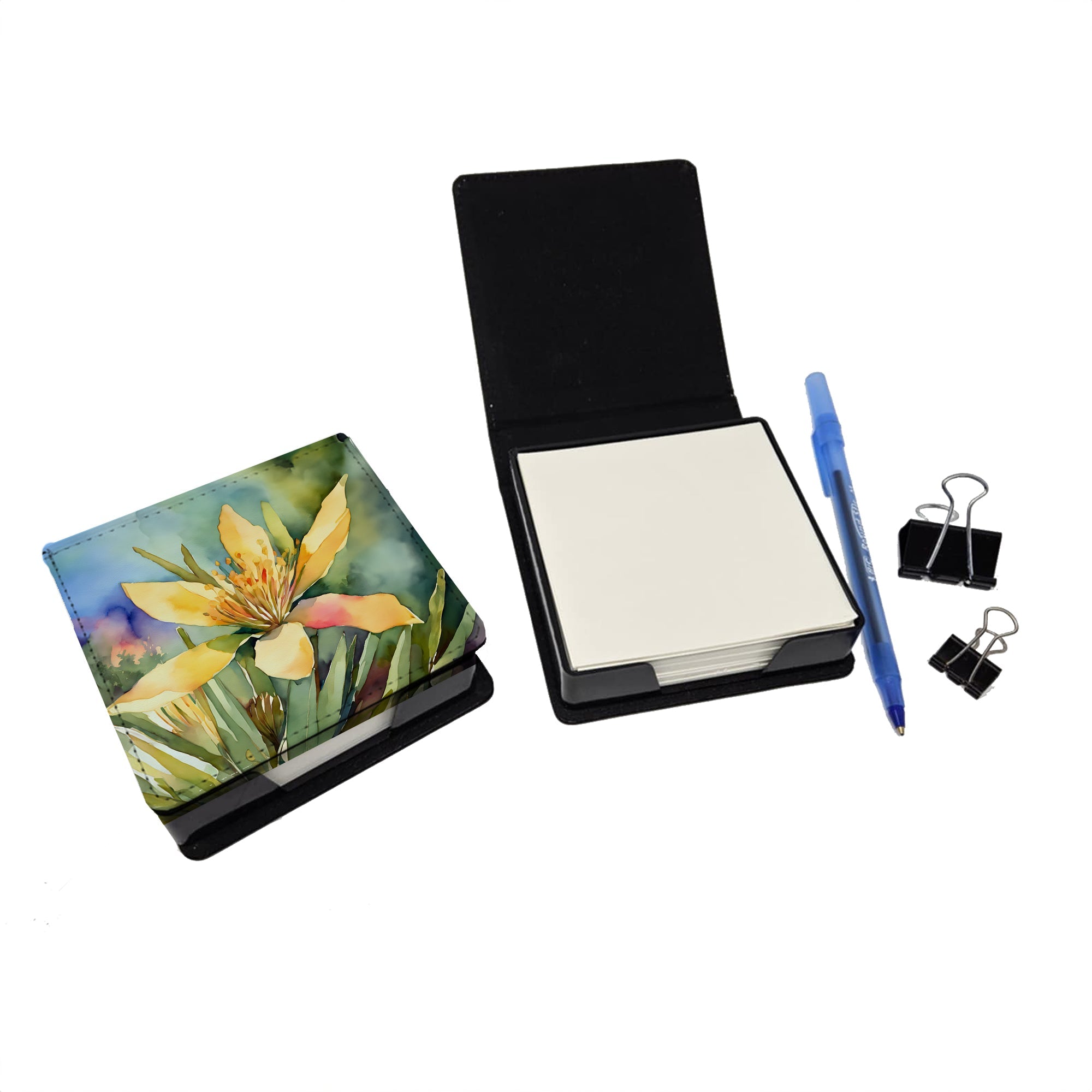 New Mexico Yucca Flower in Watercolor PU Leather Note Paper Holder with Artist-Designed Cover, Desk Accessory, Office Gift