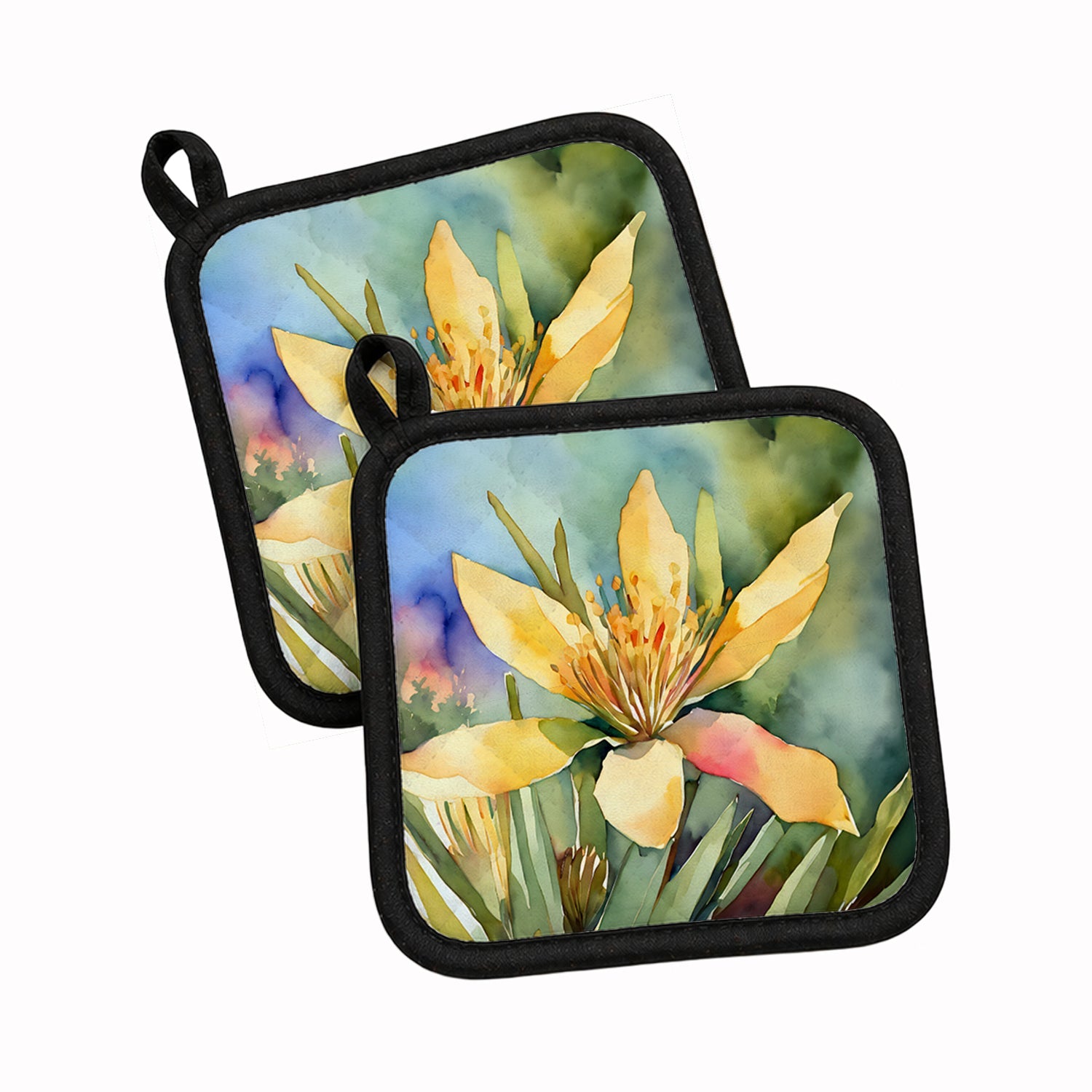 New Mexico Yucca Flower in Watercolor Pot Holder Set of 2 Heat Resistant Quilted Hot Pads 7.5 x 7.5 Inch, Insulated Kitchen Trivets for Cooking & Baking