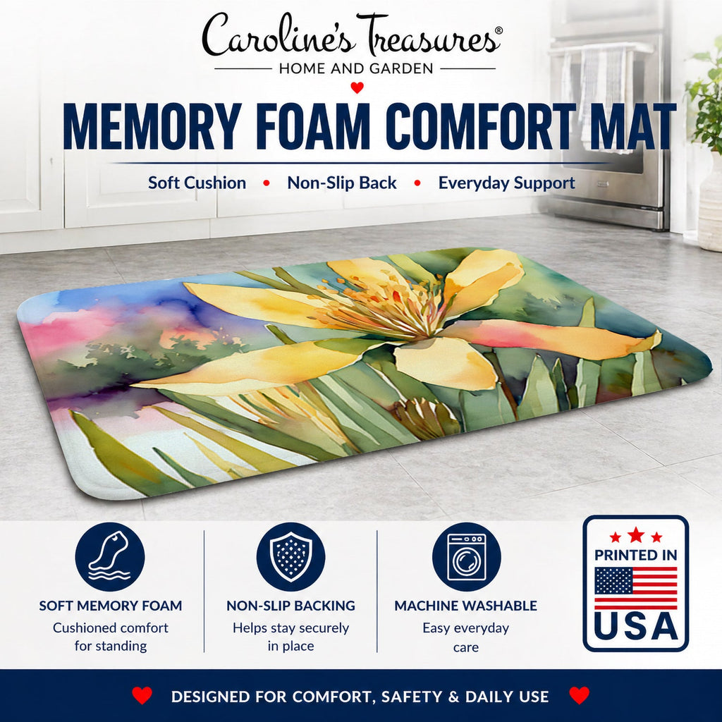 New Mexico Yucca Flower in Watercolor Memory Foam Kitchen Mat Machine Washable Anti-Fatigue Cushion Comfort Bath or Kitchen Rug