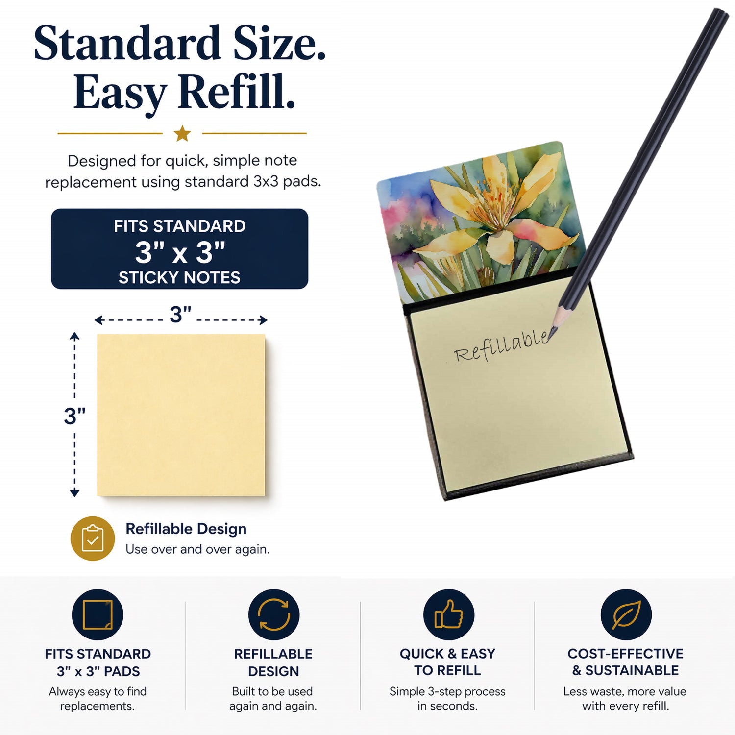 New Mexico Yucca Flower in Watercolor Watercolor Sticky Note Holder Refillable Dispenser Desk Accessory 3x3 Pad Gift