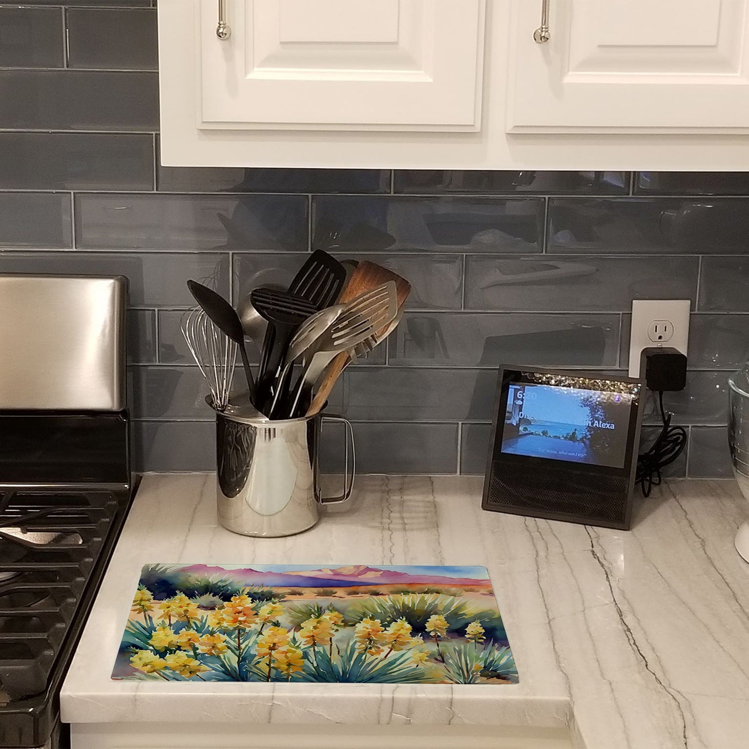 New Mexico Yucca Flower in Watercolor Cutting Board Tempered Glass Kitchen Cutting Surface, Heat Resistant Chopping, Non-Slip Feet, Food Prep & Serving