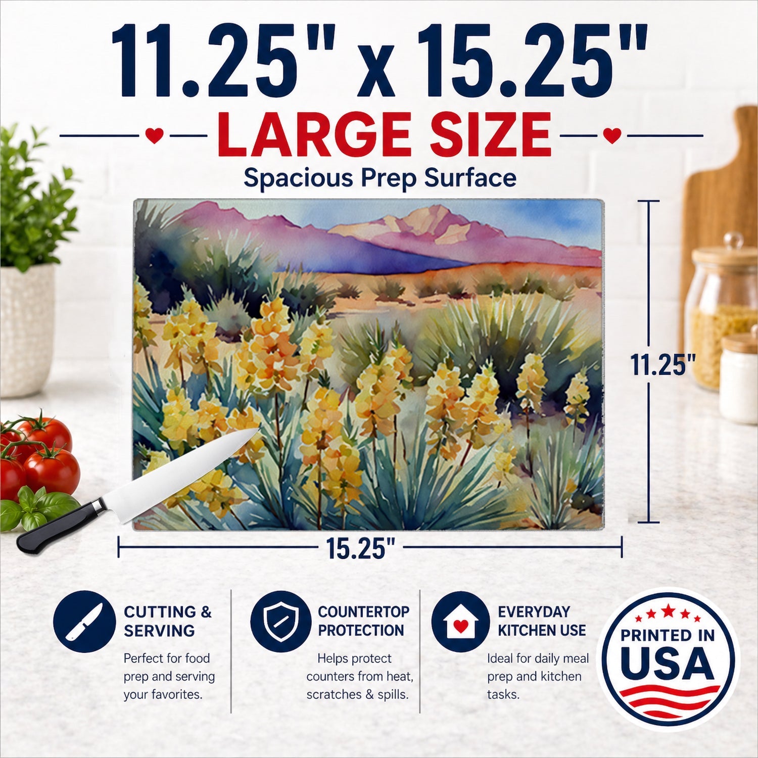 New Mexico Yucca Flower in Watercolor Cutting Board Tempered Glass Kitchen Cutting Surface, Heat Resistant Chopping, Non-Slip Feet, Food Prep & Serving