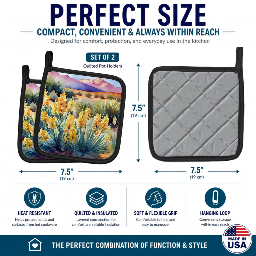 New Mexico Yucca Flower in Watercolor Pot Holder Set of 2 Heat Resistant Quilted Hot Pads 7.5 x 7.5 Inch, Insulated Kitchen Trivets for Cooking & Baking