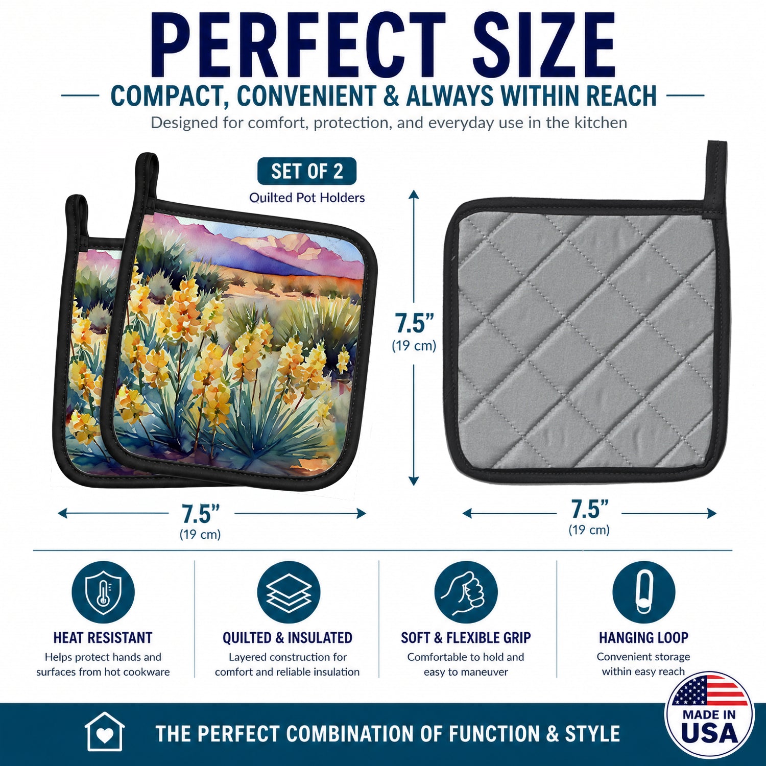 New Mexico Yucca Flower in Watercolor Pot Holder Set of 2 Heat Resistant Quilted Hot Pads 7.5 x 7.5 Inch, Insulated Kitchen Trivets for Cooking & Baking