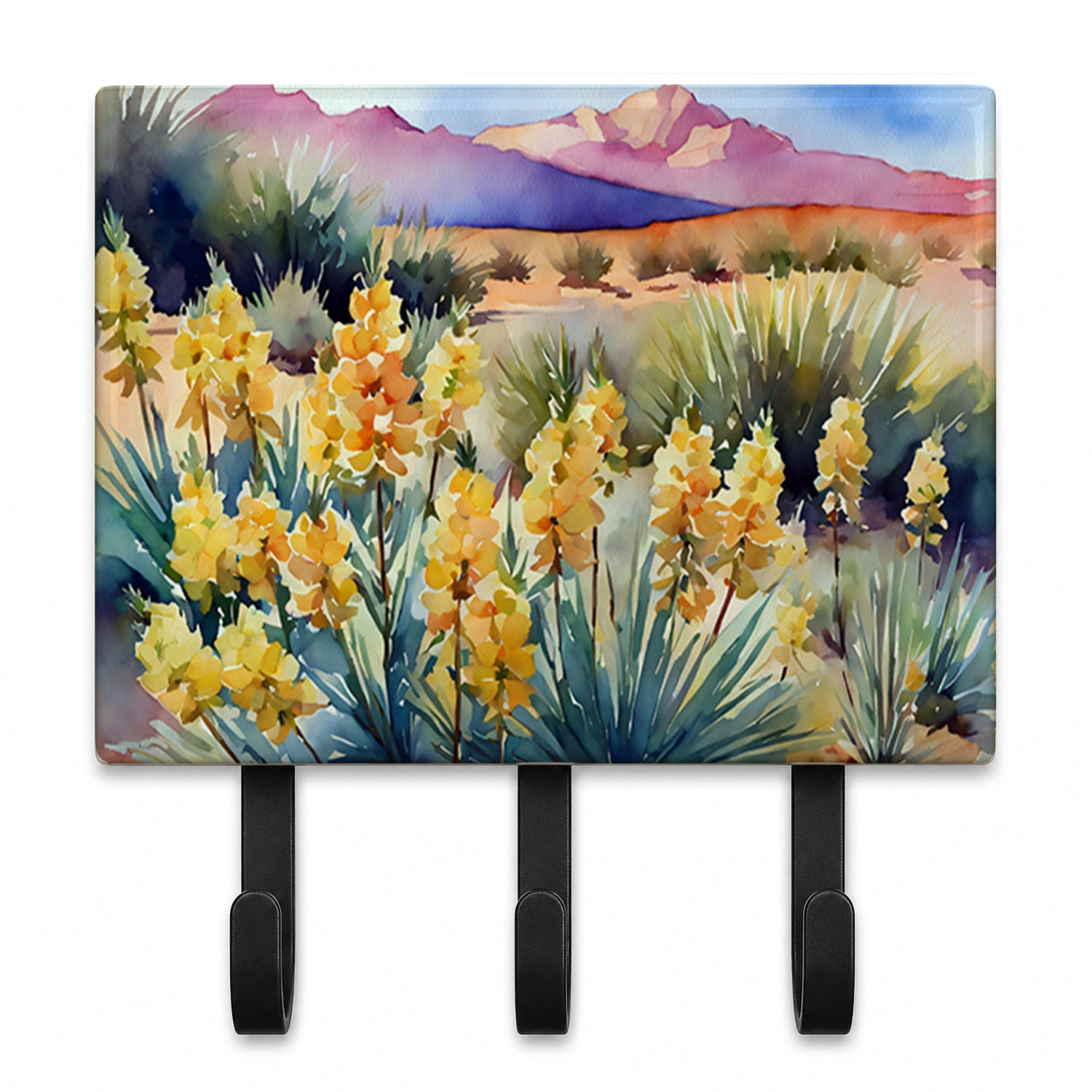 New Mexico Yucca Flower in Watercolor Leash or Key Holder Wall Hooks, Coat Rack Wall Mount, for Hanging Keys, Towels, Aprons, Leashes