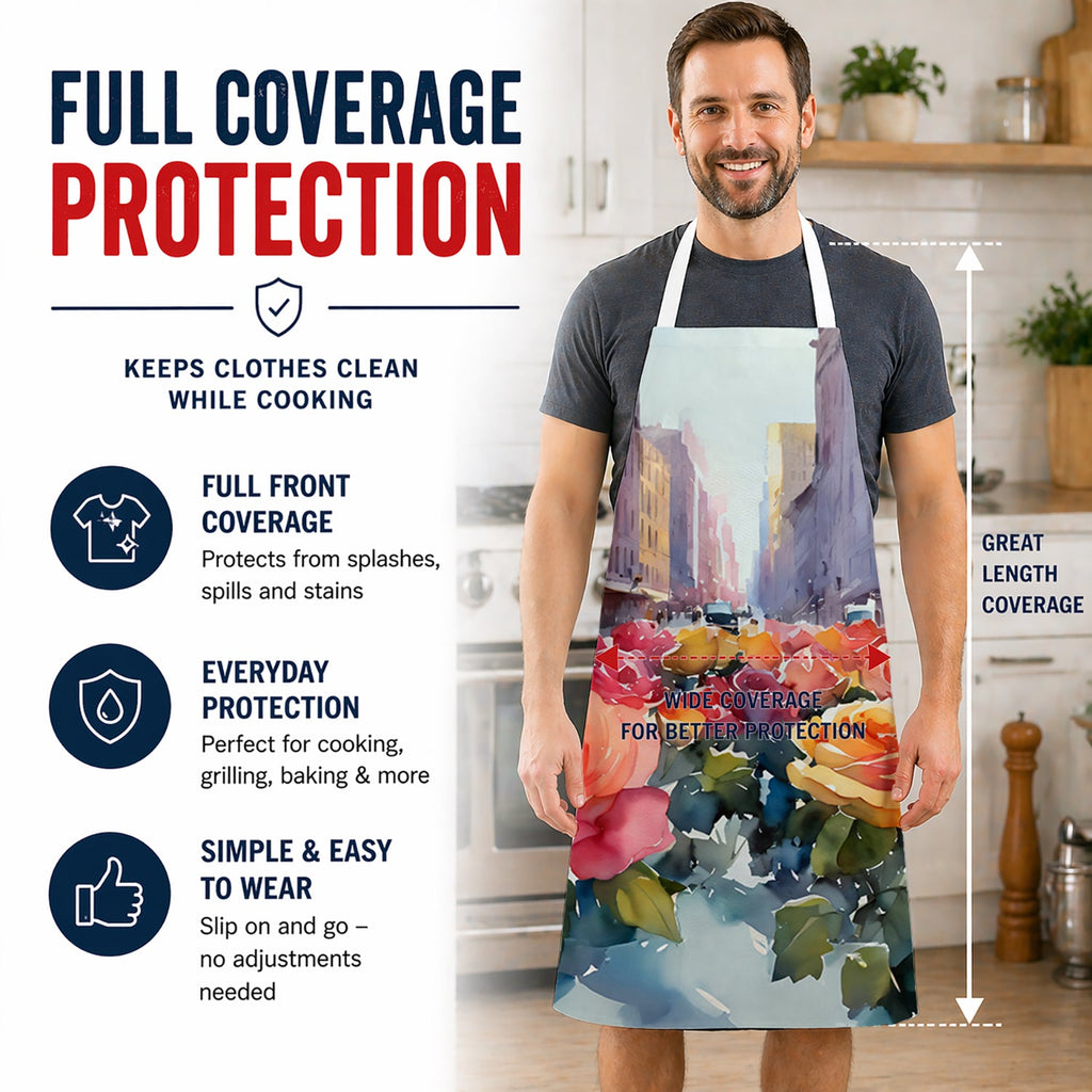 New York Roses in Watercolor Apron Cooking Kitchen Server Baking Crafts Gardening for Adult Women Men, Unisex, Large, Multicolor