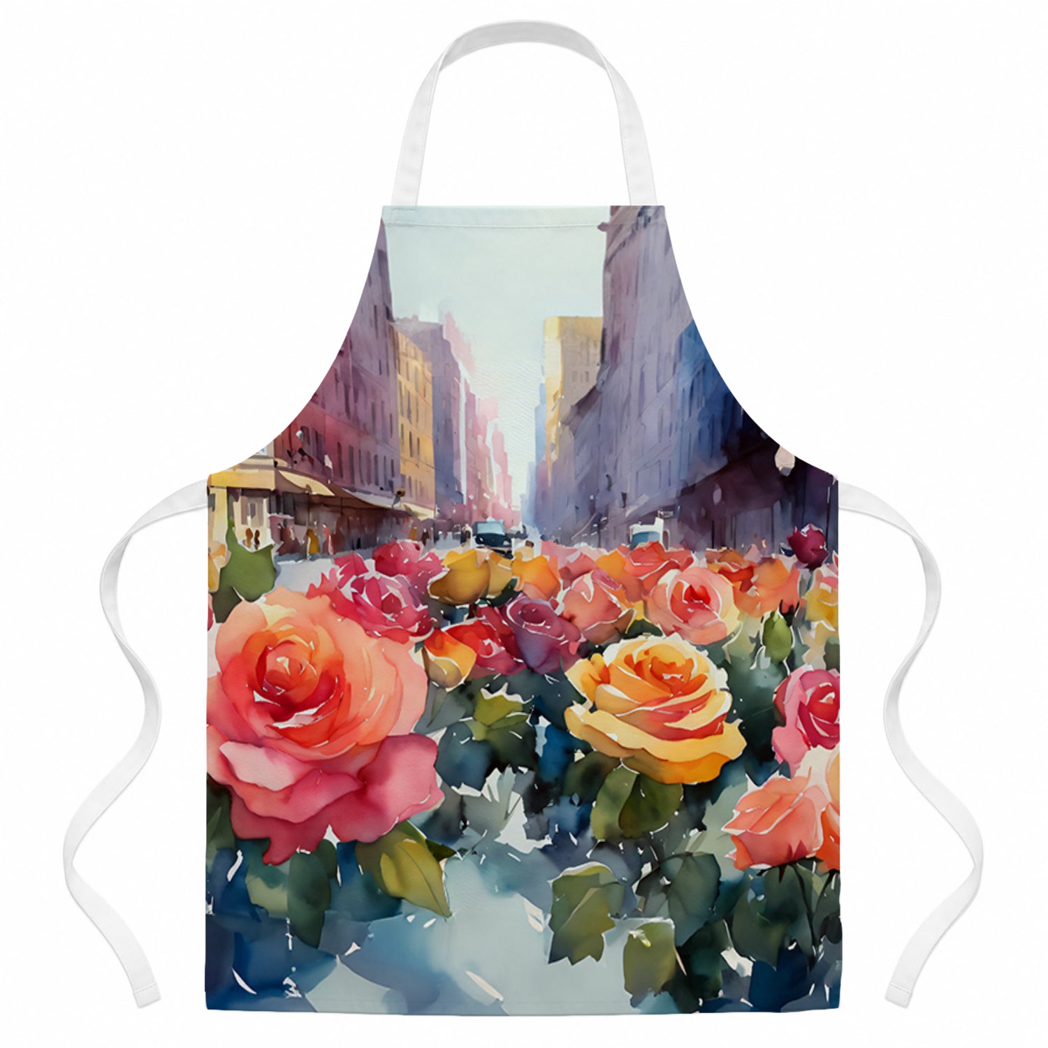 New York Roses in Watercolor Apron Cooking Kitchen Server Baking Crafts Gardening for Adult Women Men, Unisex, Large, Multicolor