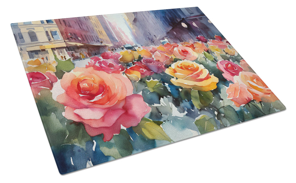 New York Roses in Watercolor Cutting Board Tempered Glass Kitchen Cutting Surface, Heat Resistant Chopping, Non-Slip Feet, Food Prep & Serving