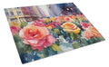 New York Roses in Watercolor Cutting Board Tempered Glass Kitchen Cutting Surface, Heat Resistant Chopping, Non-Slip Feet, Food Prep & Serving