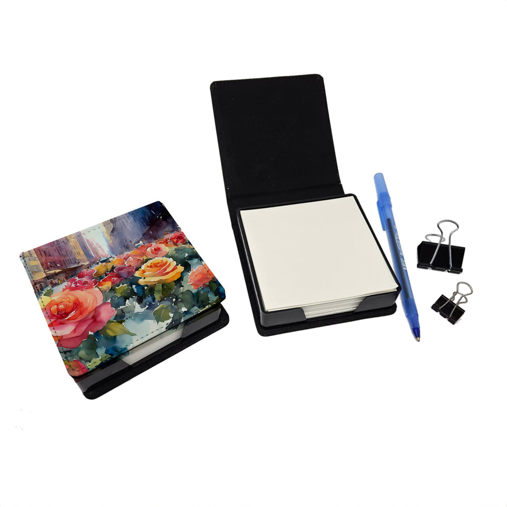 New York Roses in Watercolor PU Leather Note Paper Holder with Artist-Designed Cover, Desk Accessory, Office Gift