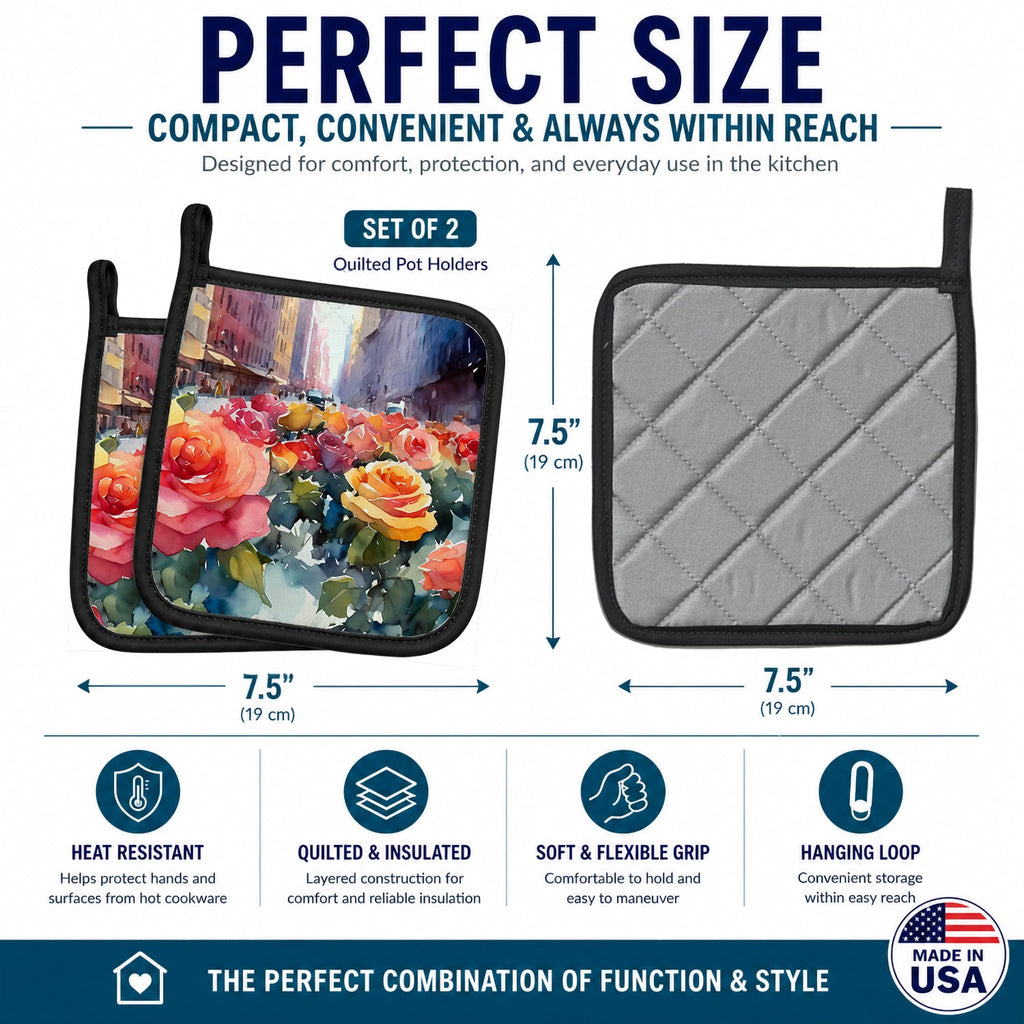 New York Roses in Watercolor Pot Holder Set of 2 Heat Resistant Quilted Hot Pads 7.5 x 7.5 Inch, Insulated Kitchen Trivets for Cooking & Baking