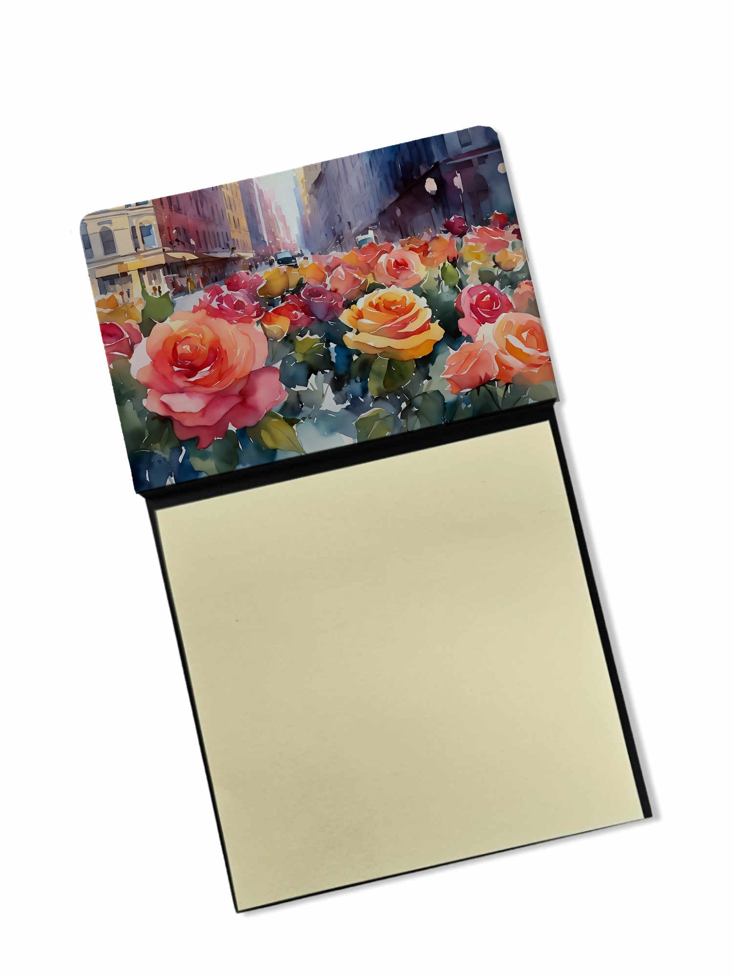 New York Roses in Watercolor Watercolor Sticky Note Holder Refillable Dispenser Desk Accessory 3x3 Pad Gift