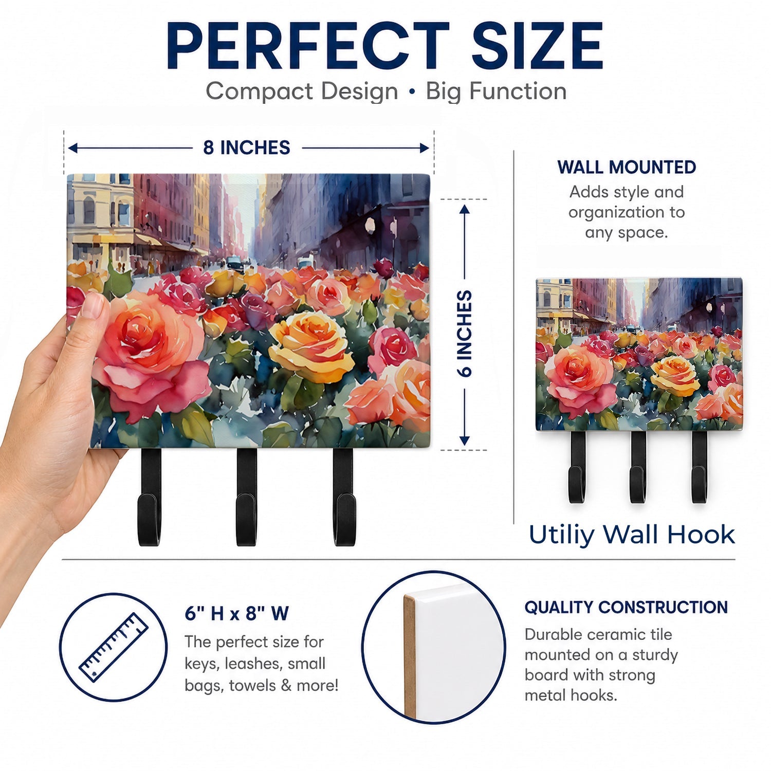 New York Roses in Watercolor Leash or Key Holder Wall Hooks, Coat Rack Wall Mount, for Hanging Keys, Towels, Aprons, Leashes