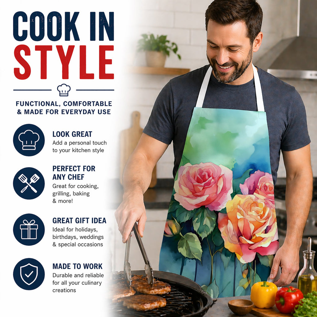 New York Roses in Watercolor Apron Cooking Kitchen Server Baking Crafts Gardening for Adult Women Men, Unisex, Large, Multicolor