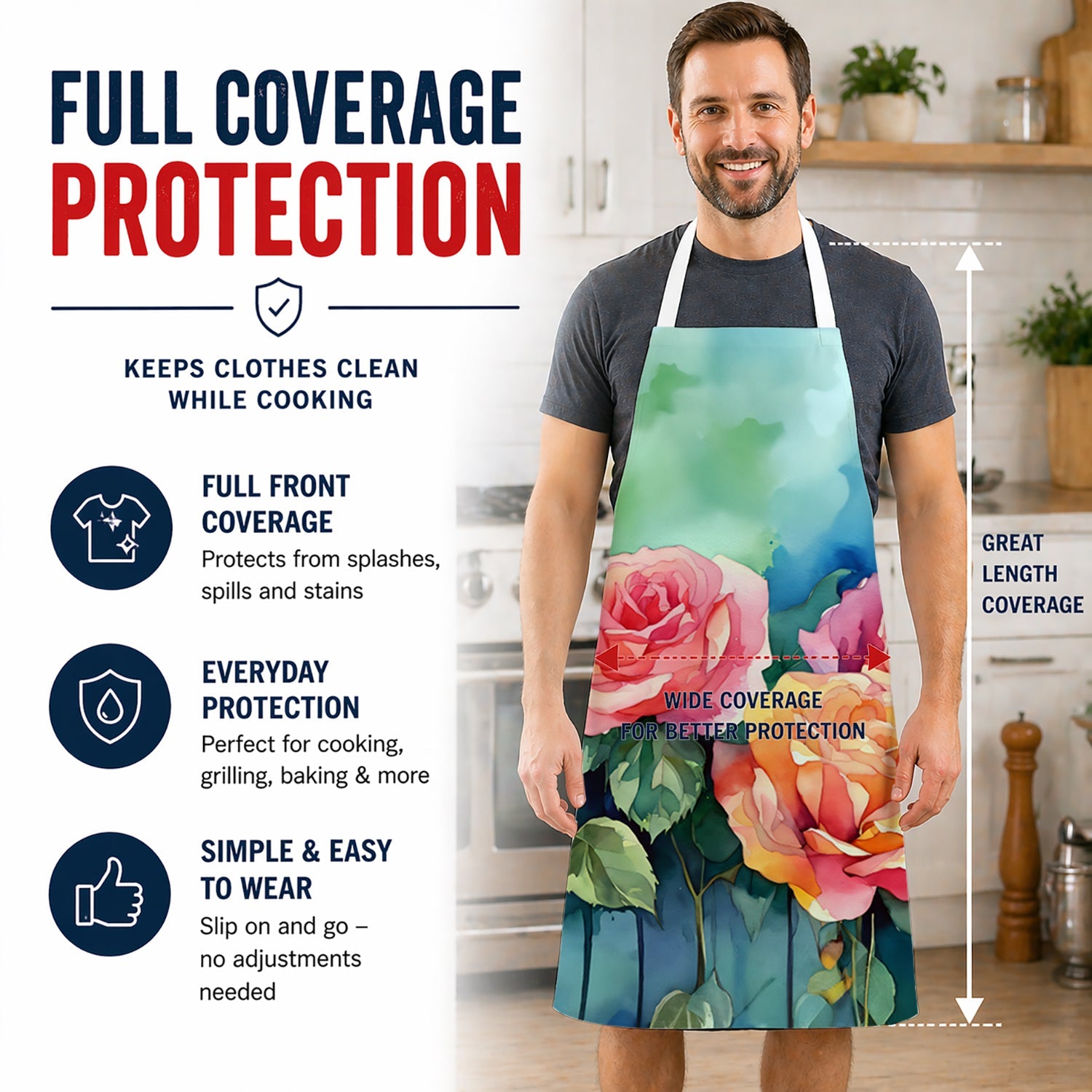 New York Roses in Watercolor Apron Cooking Kitchen Server Baking Crafts Gardening for Adult Women Men, Unisex, Large, Multicolor