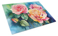 New York Roses in Watercolor Cutting Board Tempered Glass Kitchen Cutting Surface, Heat Resistant Chopping, Non-Slip Feet, Food Prep & Serving