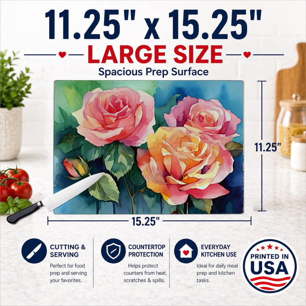 New York Roses in Watercolor Cutting Board Tempered Glass Kitchen Cutting Surface, Heat Resistant Chopping, Non-Slip Feet, Food Prep & Serving