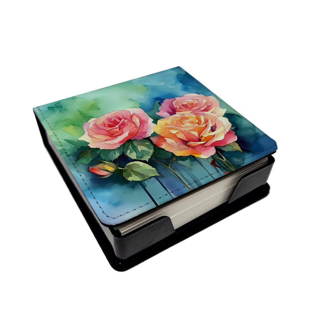 New York Roses in Watercolor PU Leather Note Paper Holder with Artist-Designed Cover, Desk Accessory, Office Gift