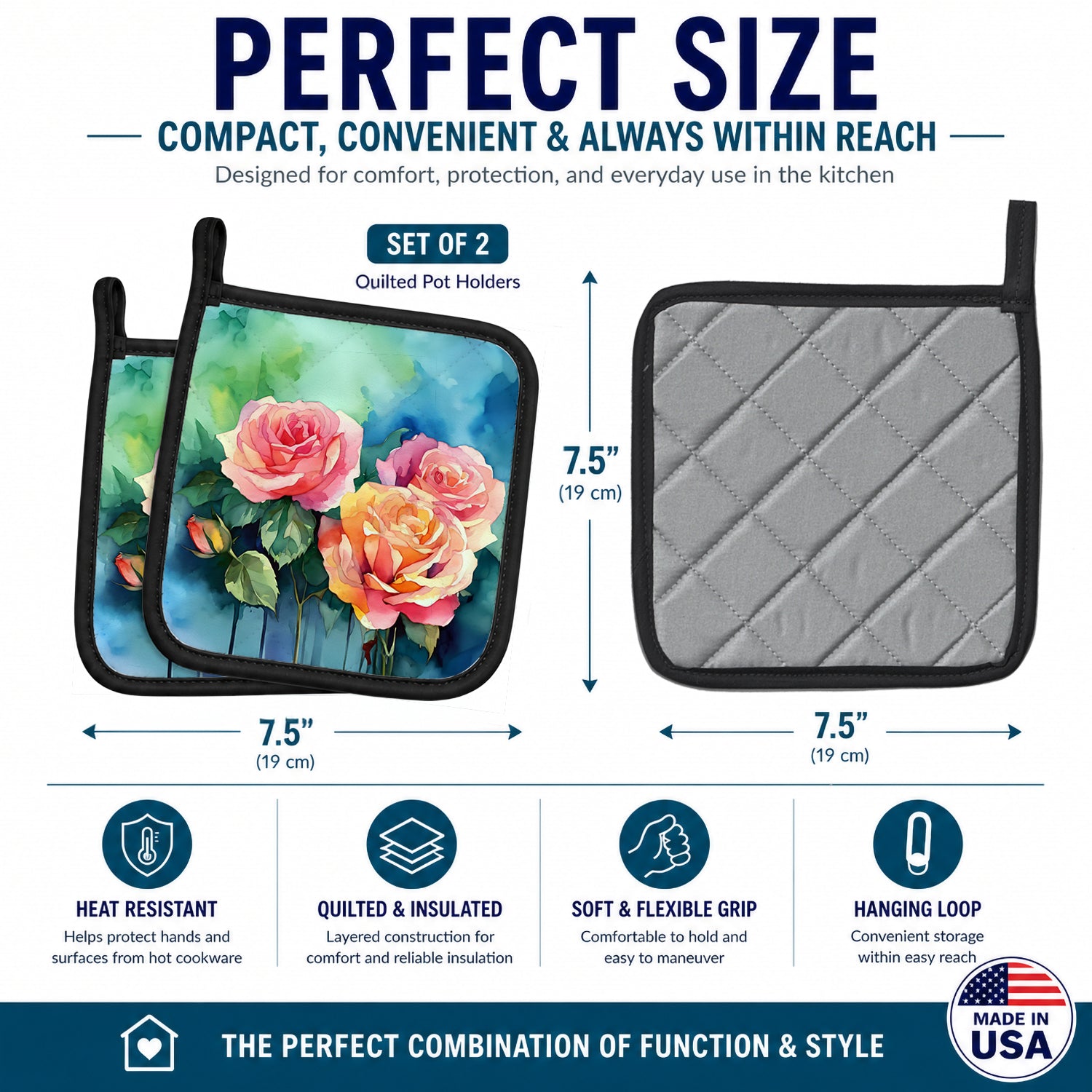 New York Roses in Watercolor Pot Holder Set of 2 Heat Resistant Quilted Hot Pads 7.5 x 7.5 Inch, Insulated Kitchen Trivets for Cooking & Baking