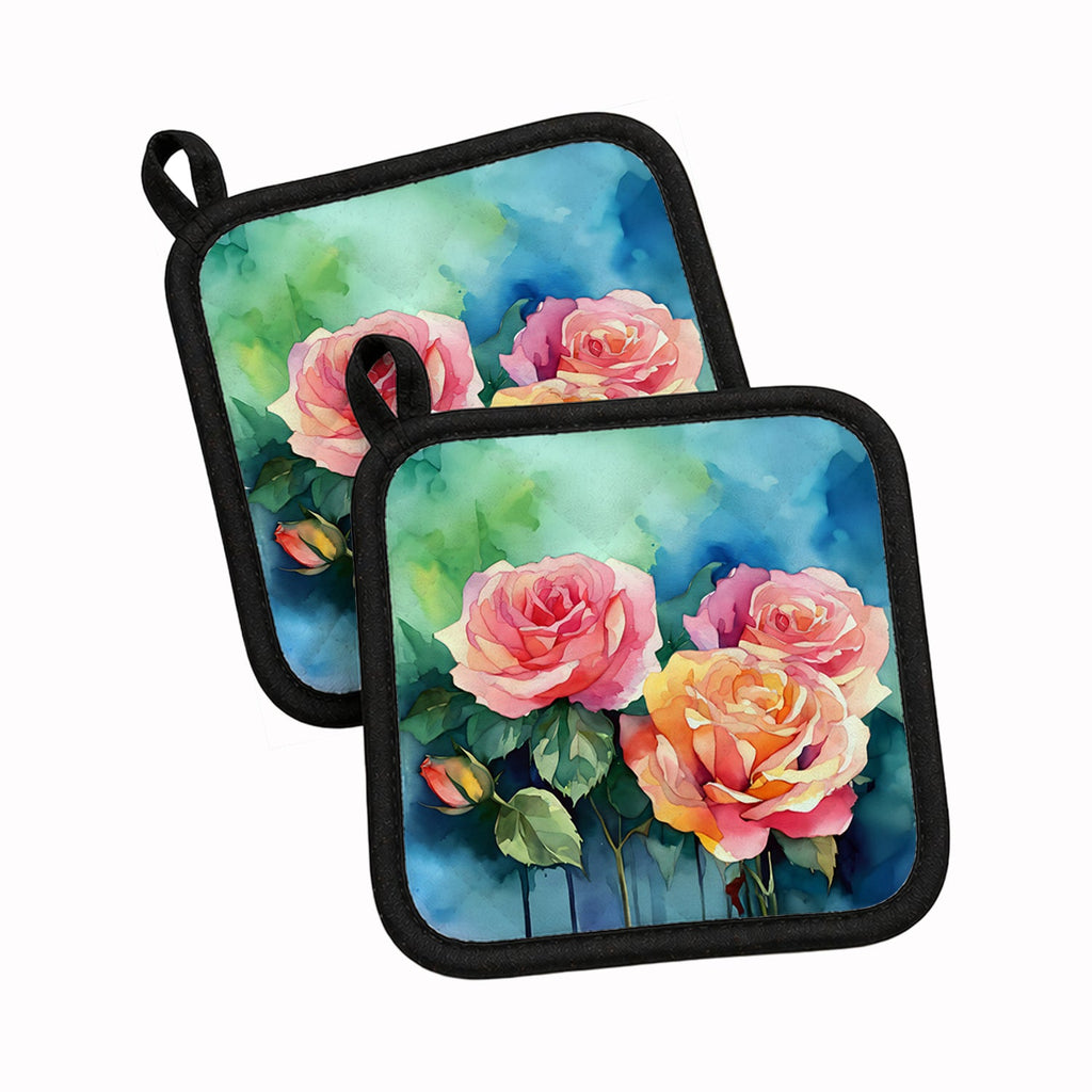 New York Roses in Watercolor Pot Holder Set of 2 Heat Resistant Quilted Hot Pads 7.5 x 7.5 Inch, Insulated Kitchen Trivets for Cooking & Baking