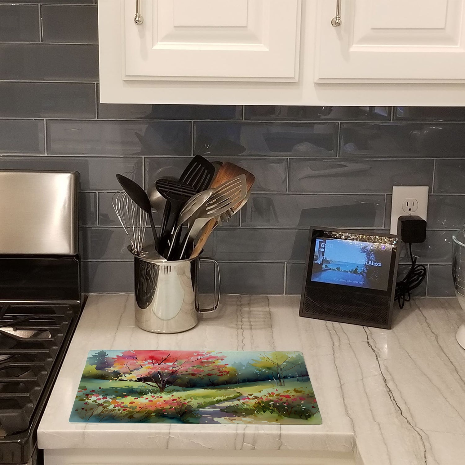 North Carolina Dogwoods in Watercolor Cutting Board Tempered Glass Kitchen Cutting Surface, Heat Resistant Chopping, Non-Slip Feet, Food Prep & Serving